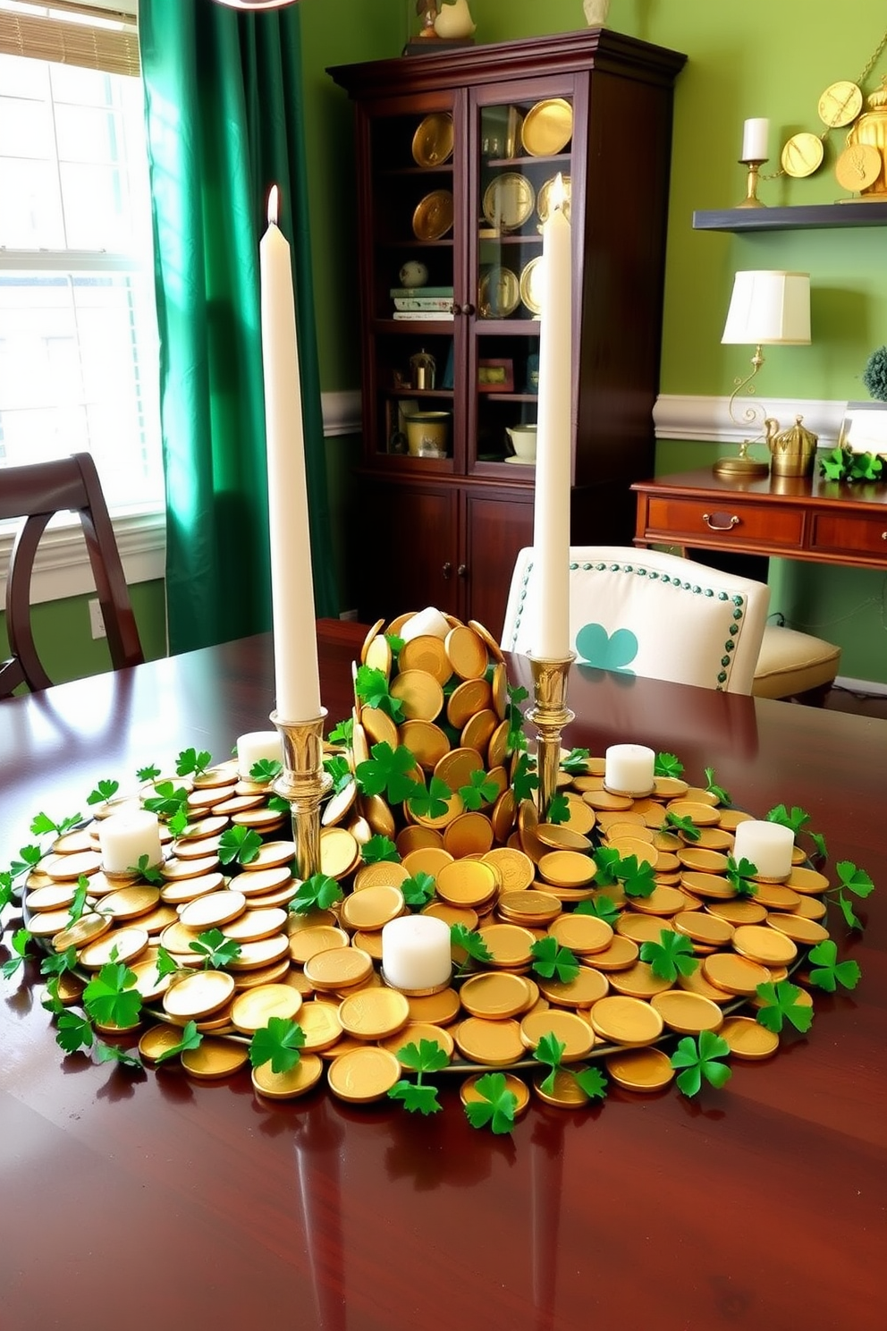 Create a stunning table centerpiece featuring a collection of gold coins arranged in an elegant pattern. Surround the coins with small green shamrocks and white candles for a festive St. Patrick's Day touch. Design a cozy home office space that incorporates St. Patrick's Day elements. Use a green accent wall, a wooden desk adorned with gold coin decorations, and a comfortable chair to create an inviting atmosphere.