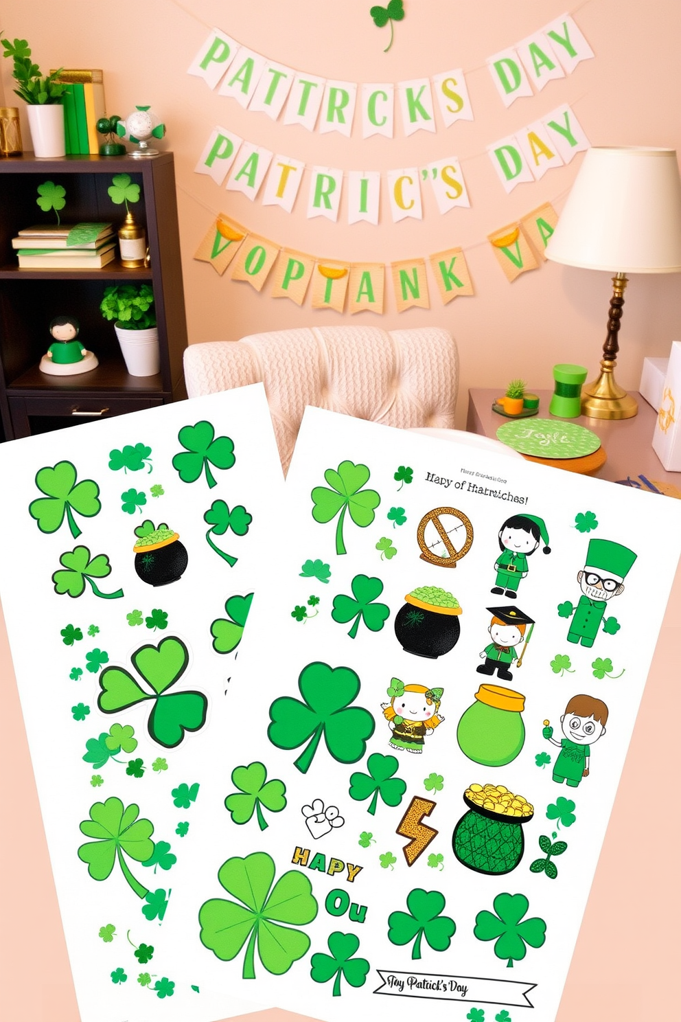 A collection of St. Patrick's Day themed planner stickers featuring shamrocks, pots of gold, and leprechauns. Each sticker has vibrant green hues and playful designs that add a festive touch to any planner. A cozy home office decorated for St. Patrick's Day with green accents and gold decor. The desk is adorned with shamrock-shaped coasters and a cheerful banner, creating an inviting workspace that celebrates the holiday.