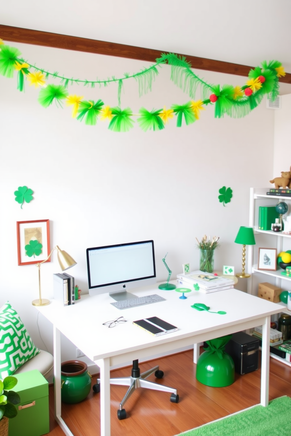 A cozy home office adorned for St. Patrick's Day features shelves lined with charming leprechaun figurines in various poses. The desk is accented with green and gold decorations, creating a festive yet productive atmosphere.