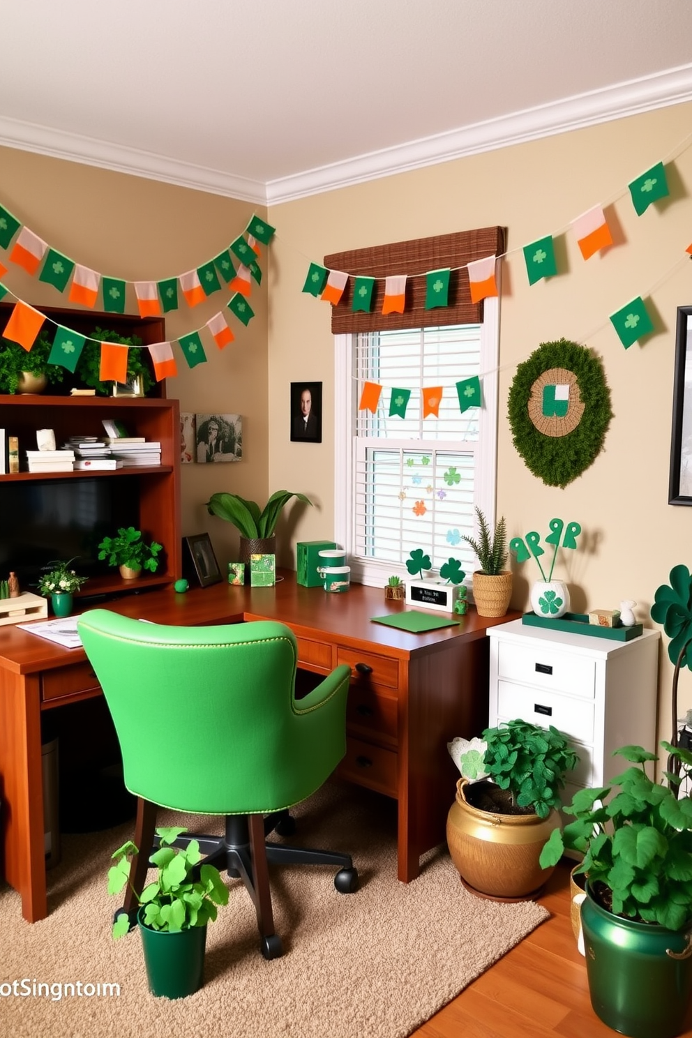 A cozy home office decorated for St. Patrick's Day features Irish flag bunting gracefully draped along the walls. The workspace includes a wooden desk with a green accent chair, complemented by potted shamrocks and festive green decor scattered throughout the room.