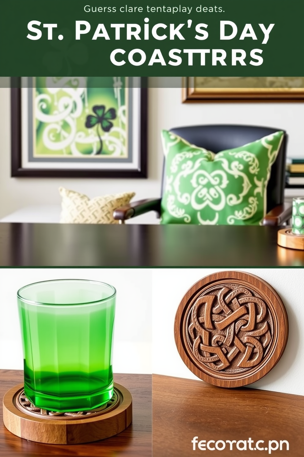 Celtic knot coasters for drinks are intricately designed with interwoven patterns that symbolize unity and eternity. These coasters are made from high-quality wood with a rich finish, providing a beautiful and functional addition to any beverage setting. In a home office, St. Patrick's Day decorating ideas can include green accents such as cushions, artwork, and desk accessories. Incorporating elements like shamrocks and gold accents can create a festive and inspiring workspace while maintaining a professional atmosphere.