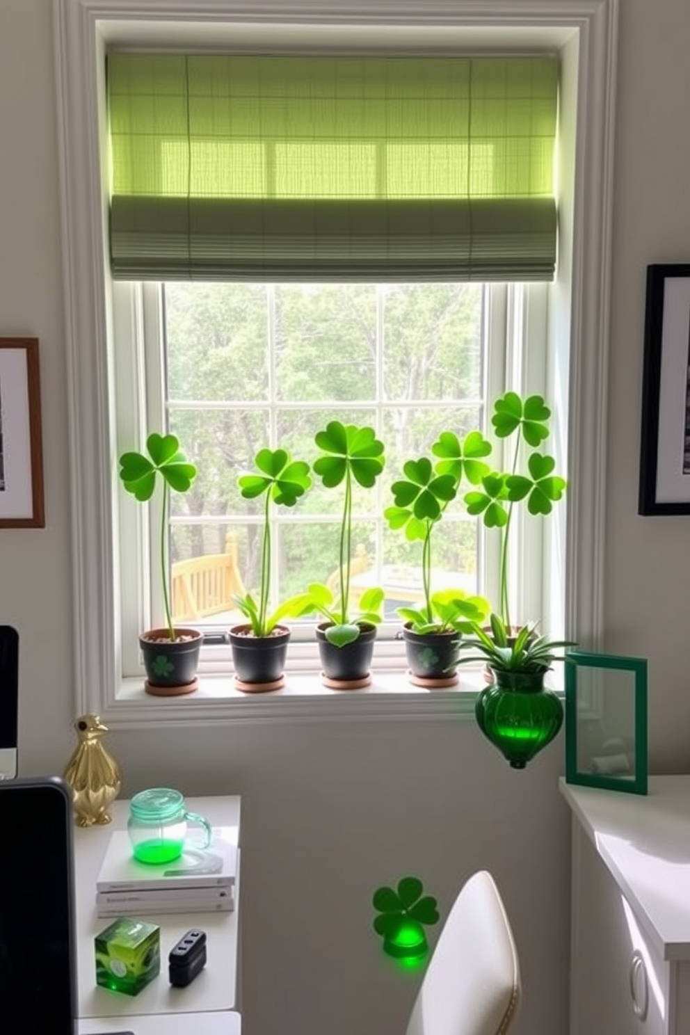 A cozy home office adorned with Celtic knot art prints on the walls. The desk features a sleek design with a green accent chair and decorative items celebrating St. Patrick's Day.