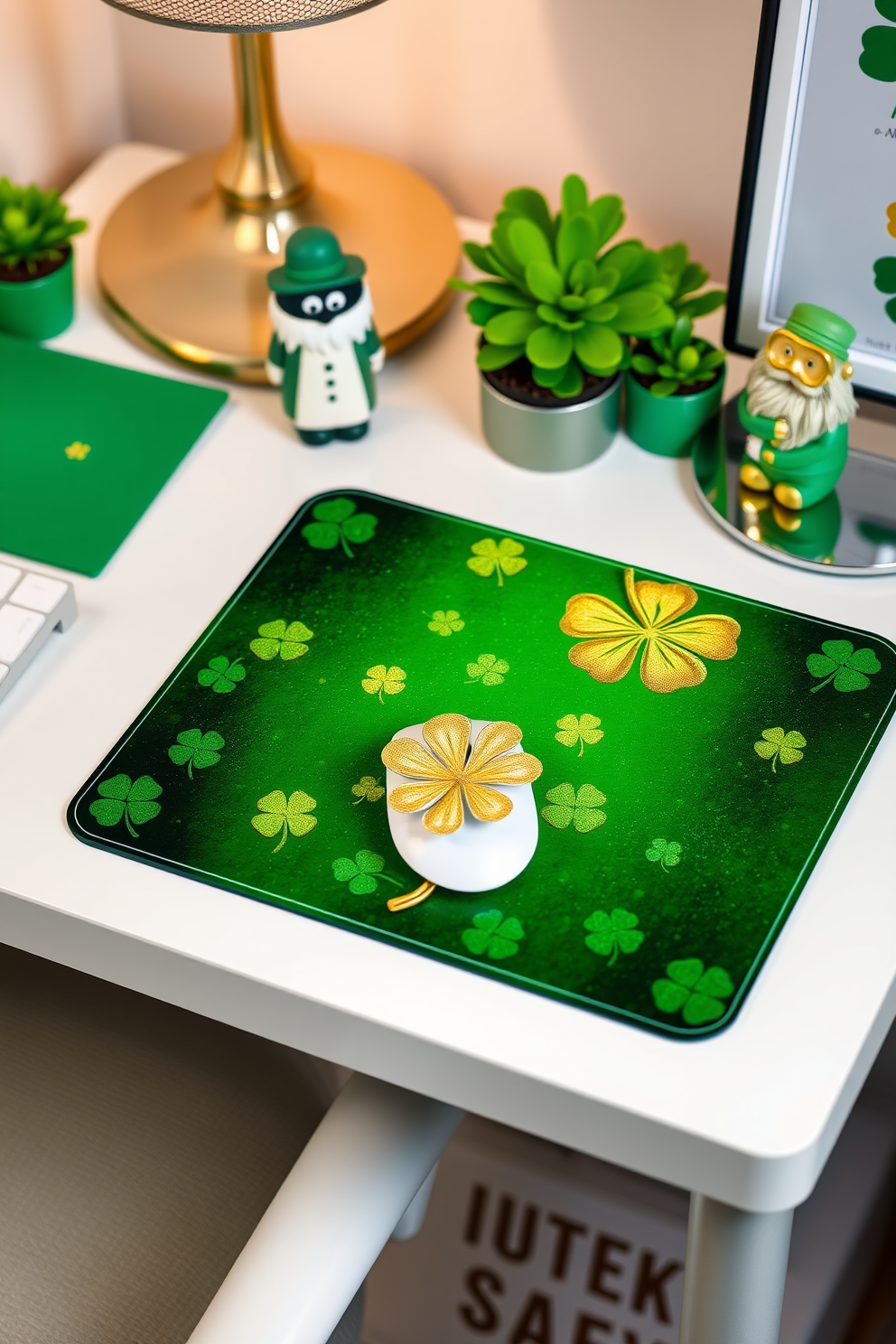 A vibrant home office setting designed for St. Patrick's Day. The mouse pad features a rich green background adorned with shamrocks and gold accents, creating a festive atmosphere. The desk is decorated with small potted plants and a decorative leprechaun figurine. A green and gold color scheme is used throughout the space, with accents of white for balance.