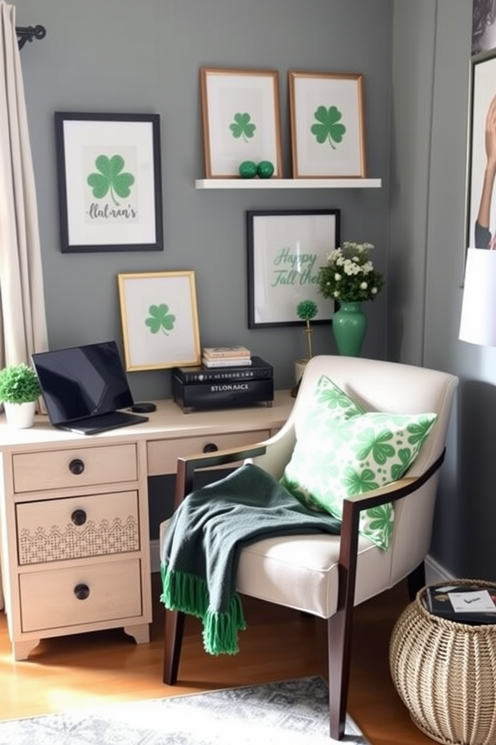 A cozy home office featuring a stylish chair adorned with decorative green throw pillows. The space is enhanced with subtle St. Patrick's Day decorations, creating a festive yet sophisticated atmosphere.