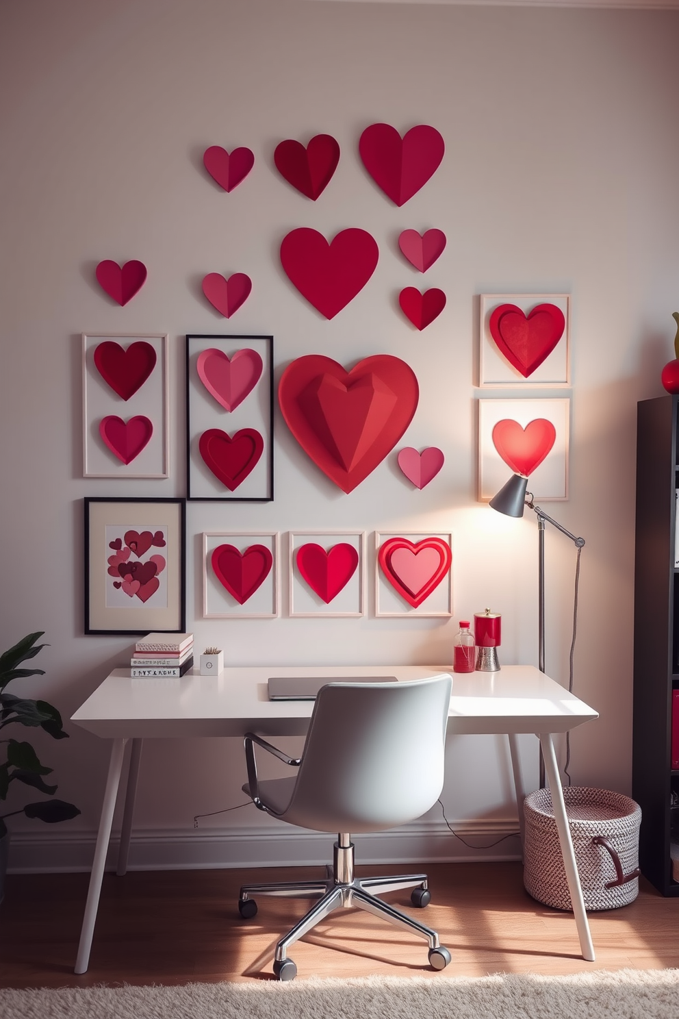 A heart shaped wall art display featuring an array of pink and red artworks arranged in a playful yet cohesive manner. The display includes framed prints, canvas pieces, and three-dimensional heart shapes that create a romantic atmosphere in the home office. The home office is adorned with soft lighting and a cozy reading nook, enhancing the Valentine's Day theme. A stylish desk is complemented by heart-themed stationery and decorative accents, making the workspace inviting and festive.