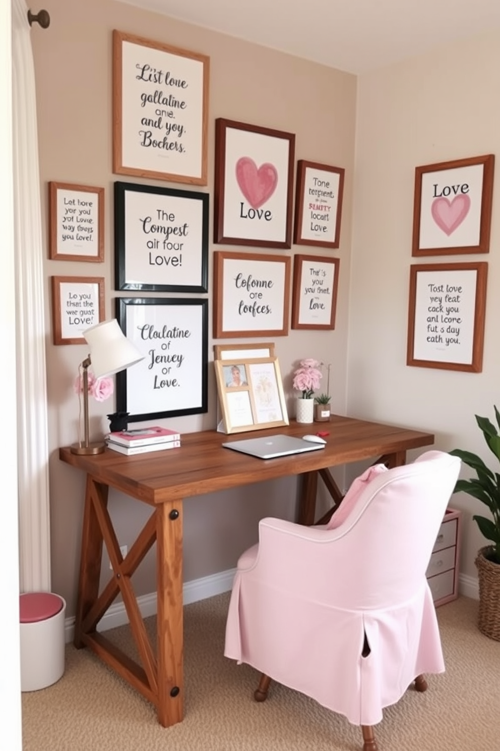 A cozy home office featuring a heart patterned area rug that adds a touch of warmth and charm to the space. The desk is positioned against a wall with soft pastel colors, complemented by stylish shelving filled with books and decorative items. Valentines Day decorations include heart-shaped wall art and soft throw pillows on an accent chair. A small vase with fresh flowers sits on the desk, enhancing the romantic atmosphere of the room.