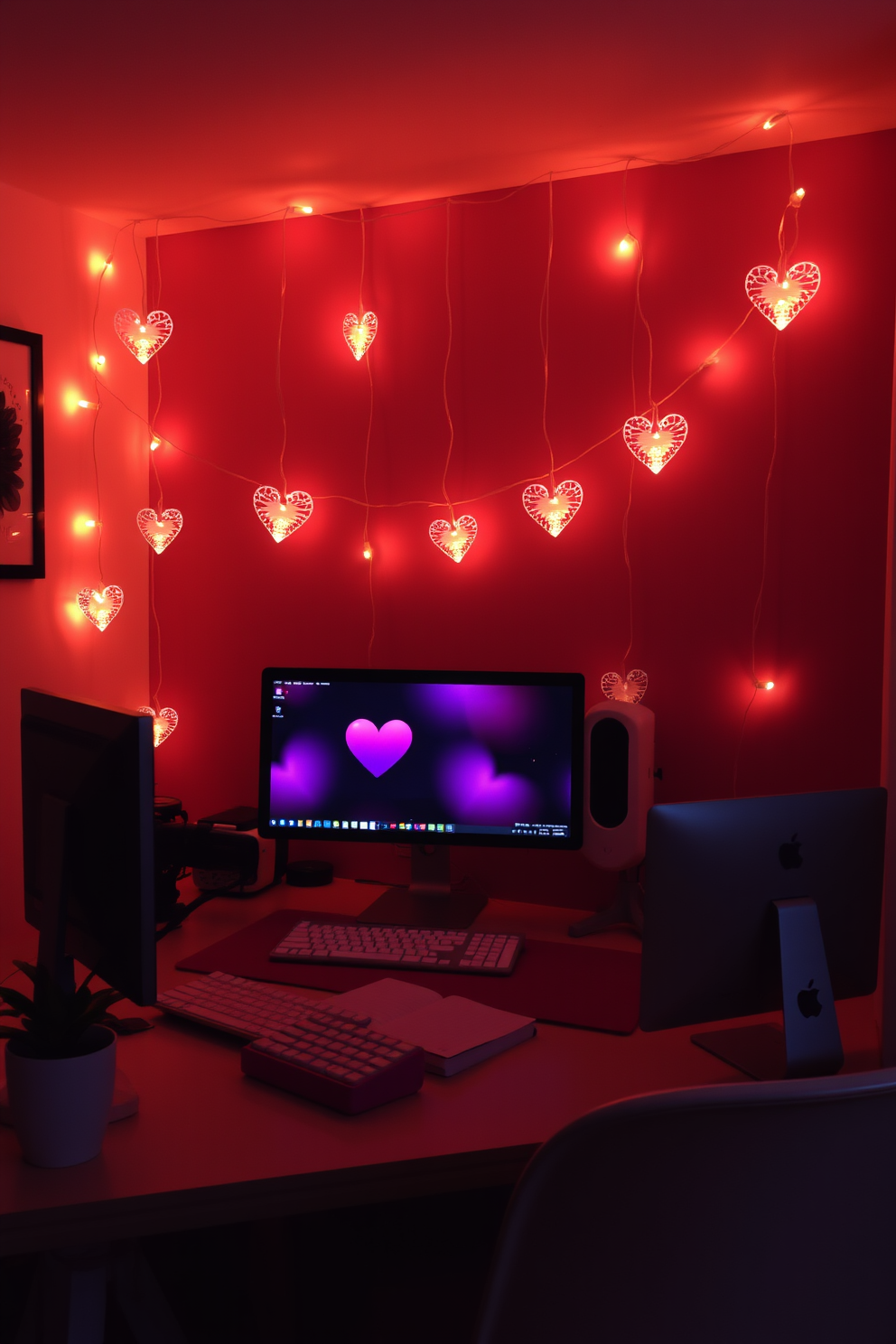 A cozy home office setting adorned with candles in heart-shaped holders. The desk is neatly organized, and soft lighting creates a warm atmosphere perfect for Valentine's Day inspiration.