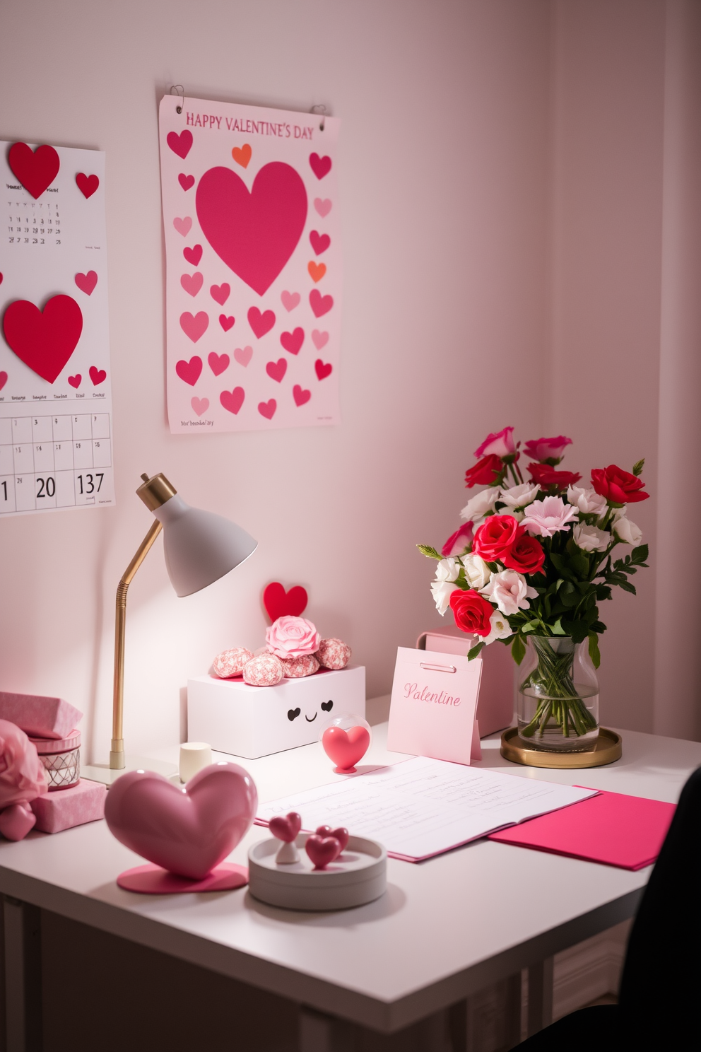 A cozy home office adorned with Valentine themed coffee mugs collection. The mugs are displayed on a floating shelf, featuring playful heart designs in red and pink hues. The desk is decorated with a simple bouquet of fresh flowers in a vase, adding a touch of romance to the workspace. Soft lighting from a desk lamp creates a warm and inviting atmosphere perfect for productivity on Valentine's Day.