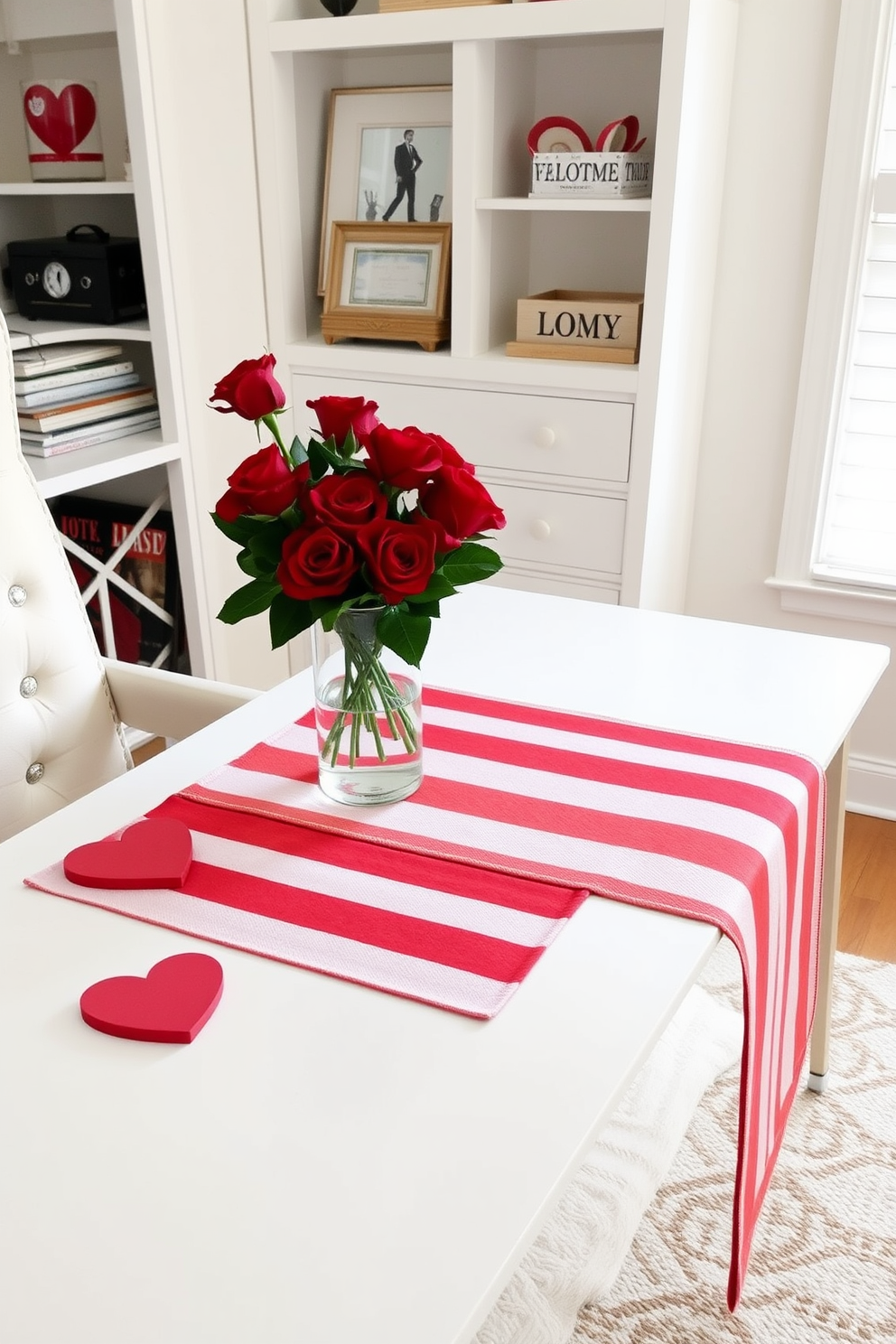 A cozy home office decorated for Valentine's Day features a vibrant red and white table runner draped across a sleek wooden desk. On the desk, a small bouquet of red roses sits in a chic vase, complementing the romantic theme of the space.