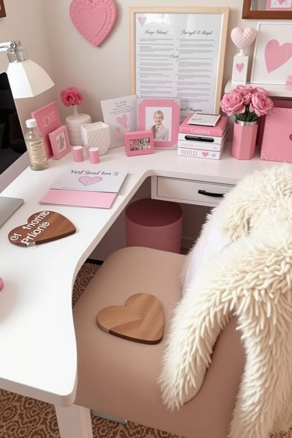 A cozy home office setting decorated for Valentine's Day. The walls are adorned with framed family photos featuring heart accents, creating a warm and inviting atmosphere. A stylish desk sits in the center, decorated with pink and red stationery. Soft lighting from a desk lamp casts a gentle glow, enhancing the romantic vibe of the space.