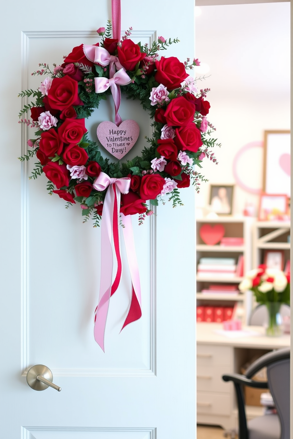 A stylish home office featuring pink file folders neatly arranged on a modern desk. The space is decorated with subtle Valentine's Day accents, including heart-shaped decor and soft pastel colors that create a warm and inviting atmosphere.