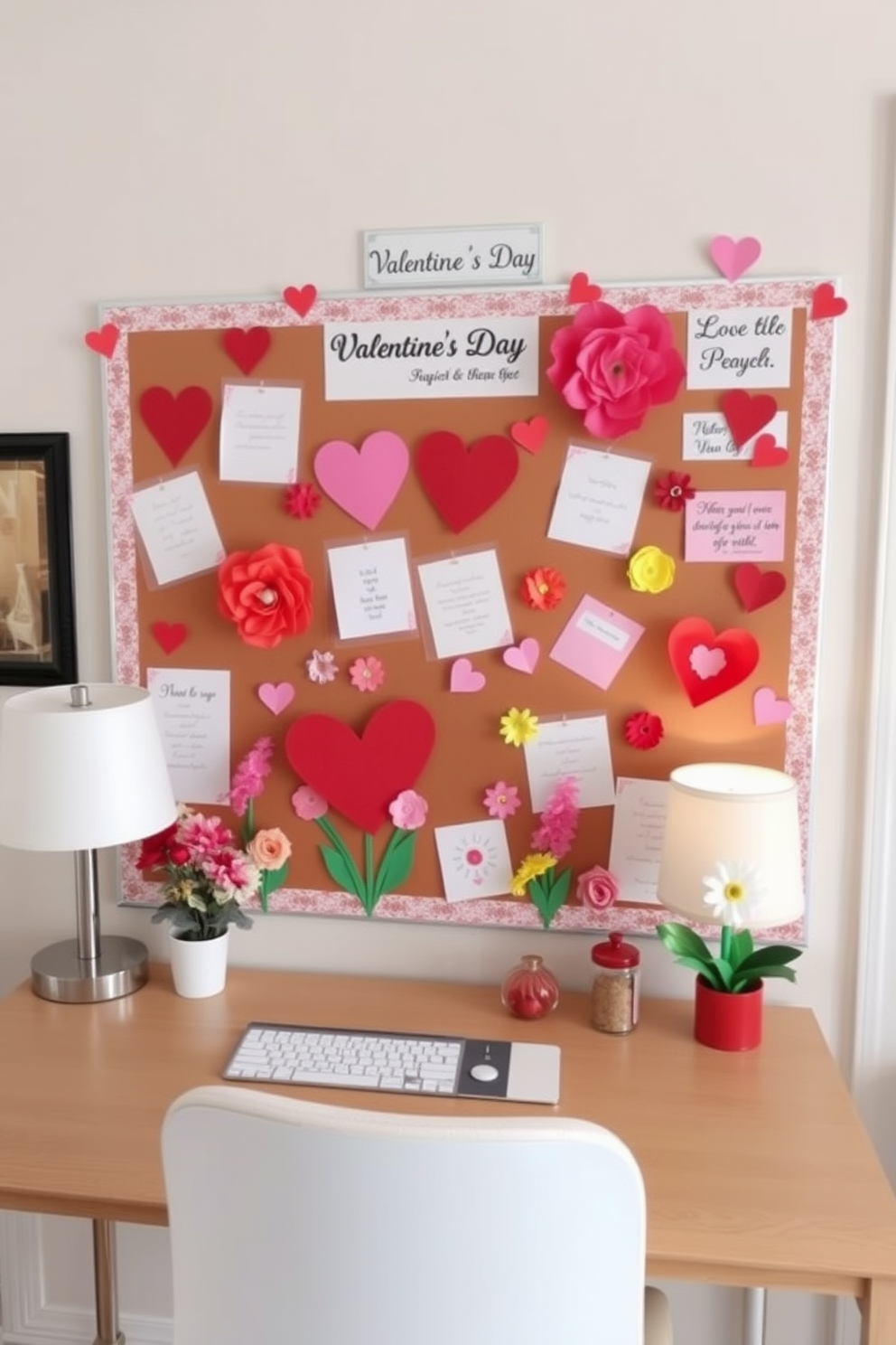 A stylish home office setup featuring a sleek wooden desk adorned with heart-shaped coasters. The coasters are in shades of red and pink, adding a festive touch for Valentine's Day decorating ideas.