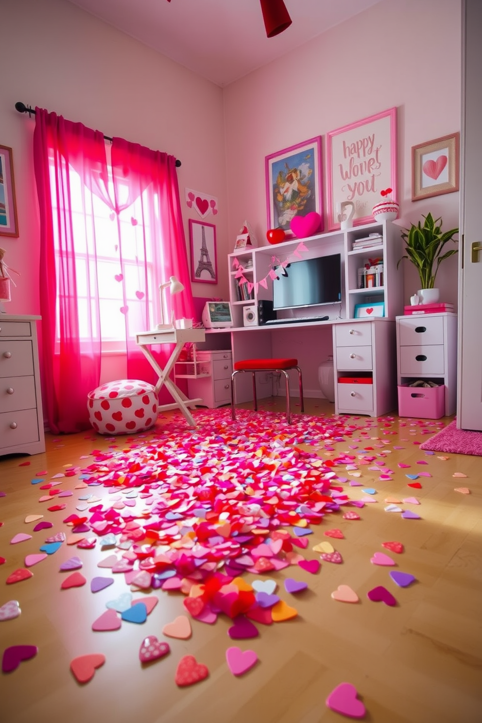 A Valentine themed bulletin board display filled with heart-shaped cutouts and love notes. The board is adorned with pink and red decorations, creating a warm and inviting atmosphere for the home office. Incorporate string lights around the edges to add a cozy glow. Arrange motivational quotes about love and friendship among the decorative elements for an inspiring workspace.