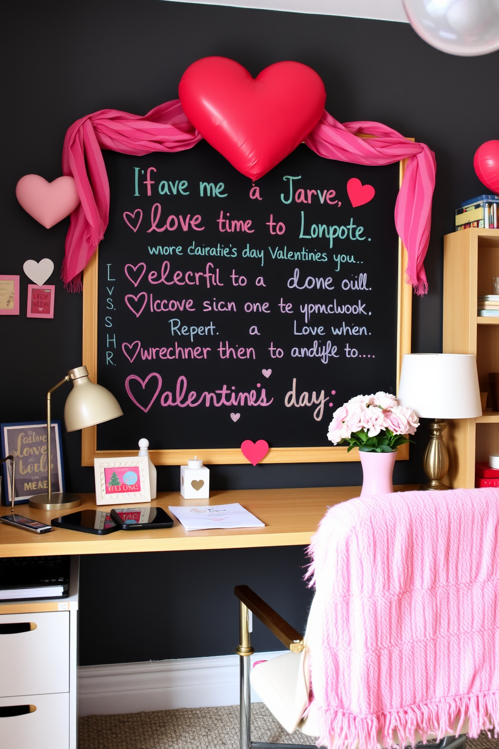 A cozy home office setting adorned with romantic scented candles creating a warm ambiance. The desk features a stylish arrangement of pink and red decor, while soft lighting enhances the Valentine's Day theme.