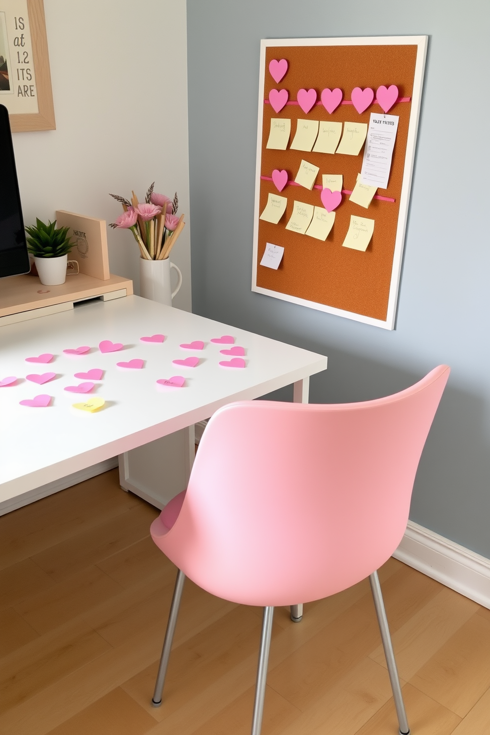 A cozy home office setting adorned with decorative heart shaped cushions in shades of red and pink. The cushions are arranged on a stylish ergonomic chair, adding a touch of romance to the workspace. A sleek desk is positioned against a soft pastel wall, complemented by a small vase of fresh flowers. Warm lighting illuminates the area, creating an inviting atmosphere perfect for celebrating Valentine's Day.