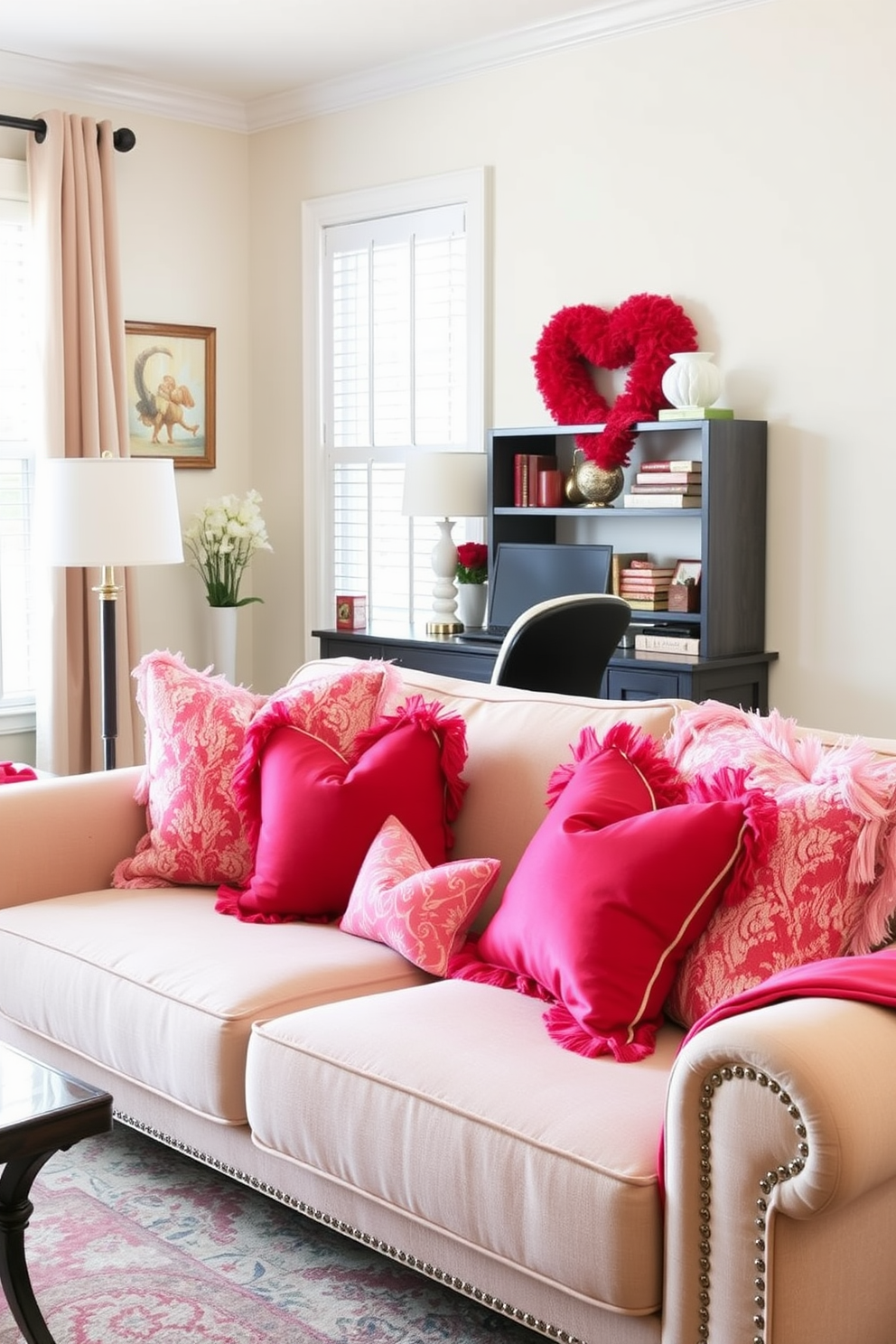 A cozy home office adorned for Valentine's Day features a stylish desk paired with a comfortable chair. Red and pink throw pillows are artfully arranged on a plush chair, adding a festive touch to the space. The walls are decorated with soft, romantic artwork that complements the color scheme. A small vase filled with fresh flowers sits on the desk, enhancing the warm and inviting atmosphere.