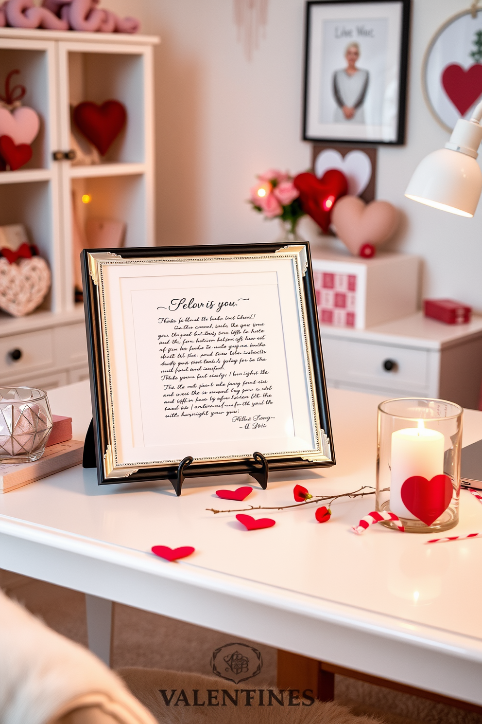 A cozy home office adorned with red and pink curtains that gently frame the windows, creating a warm and inviting atmosphere. A stylish desk is positioned near the window, decorated with heart-themed stationery and a bouquet of fresh flowers to celebrate Valentine's Day.