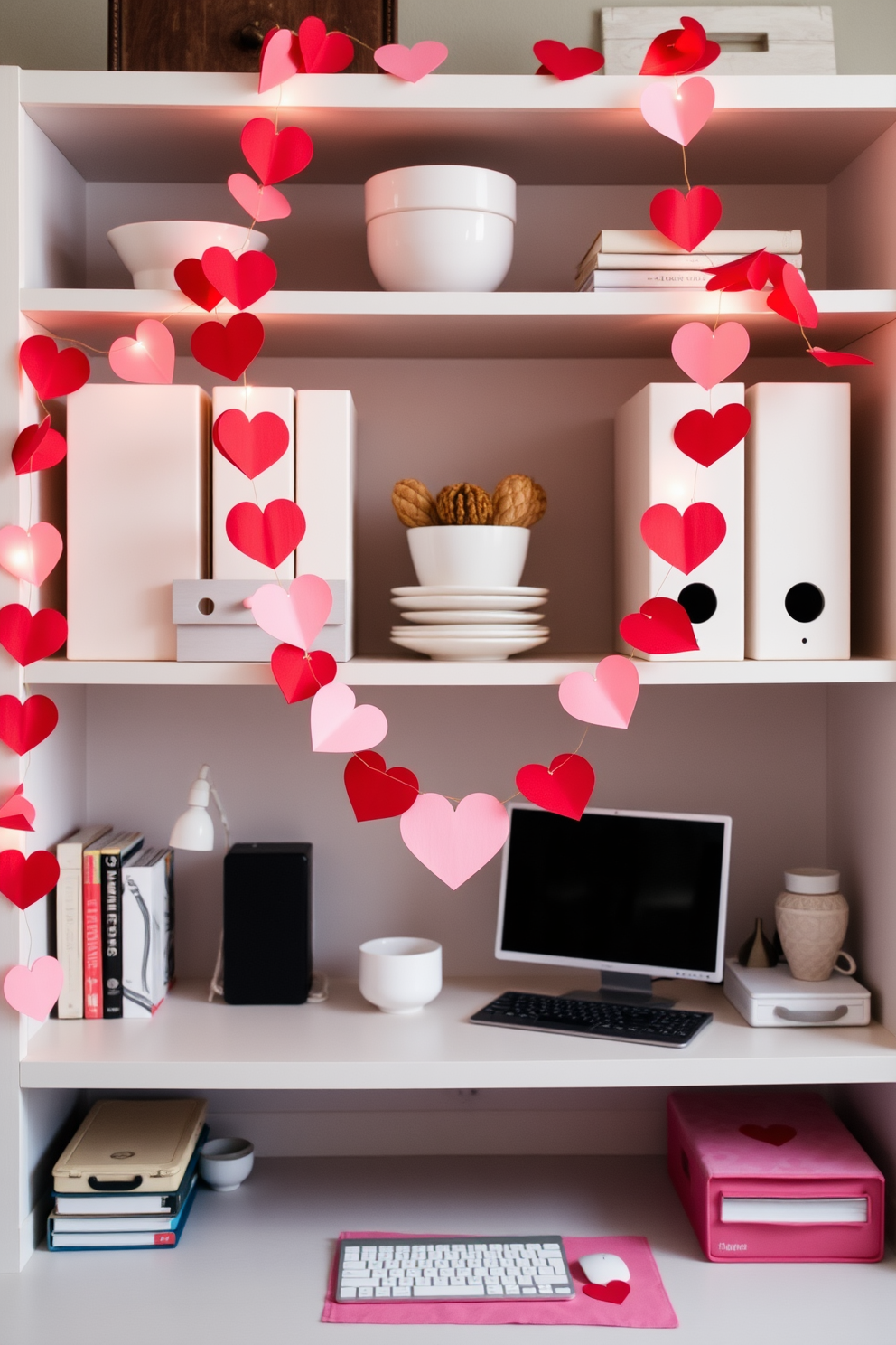 A cozy home office space adorned with potted plants in heart shaped pots. The desk is made of reclaimed wood and features a comfortable ergonomic chair, creating a warm and inviting atmosphere for productivity. Valentines Day decorations add a touch of romance, with soft pink and red accents throughout the room. A heart shaped wall art piece hangs above the desk, complementing the greenery and enhancing the overall charm of the space.