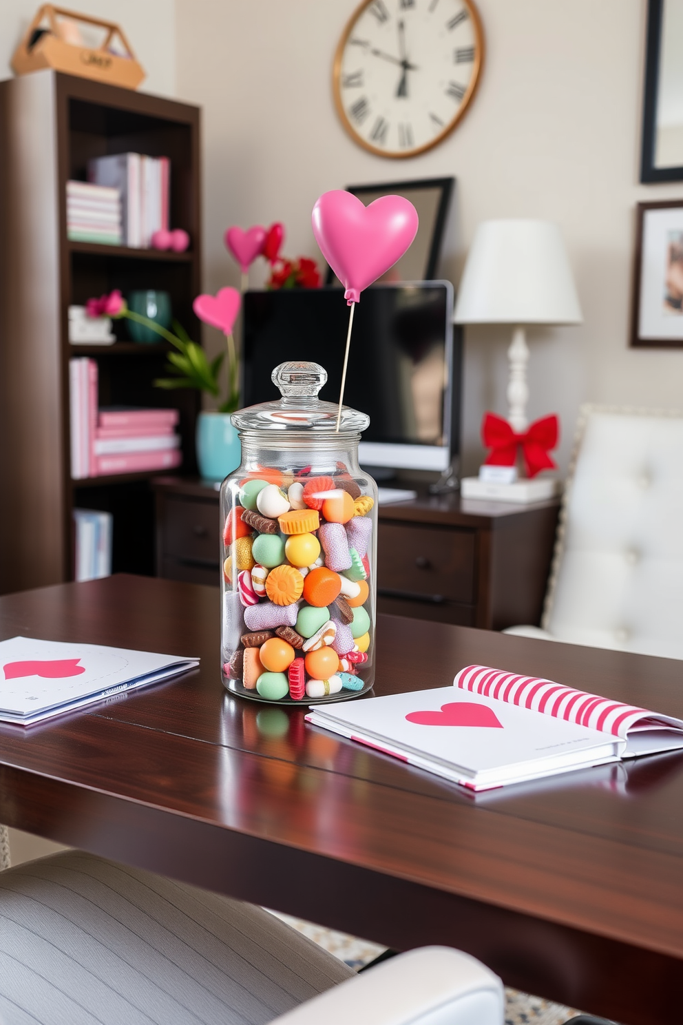 A charming home office setup featuring heart shaped paperweights on a sleek wooden desk. The desk is adorned with soft pastel stationery and a small succulent plant, creating a warm and inviting atmosphere for Valentine's Day decorating.