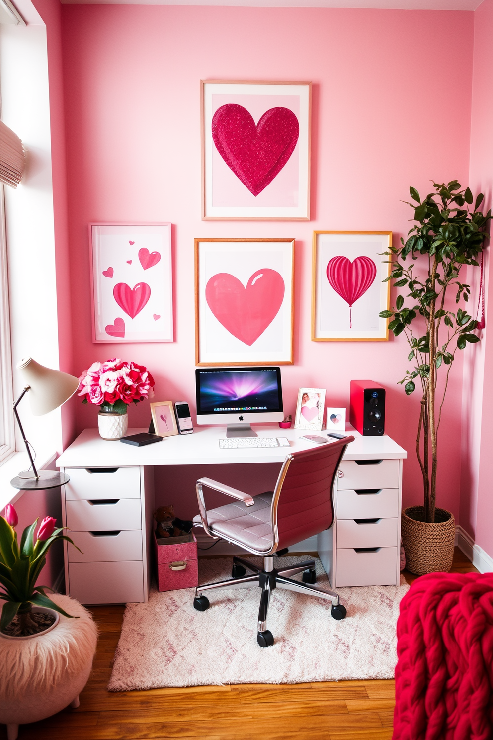 A cozy home office setting decorated for Valentine's Day. There are decorative bowls filled with colorful candy hearts placed on the desk and shelves, adding a festive touch to the workspace.