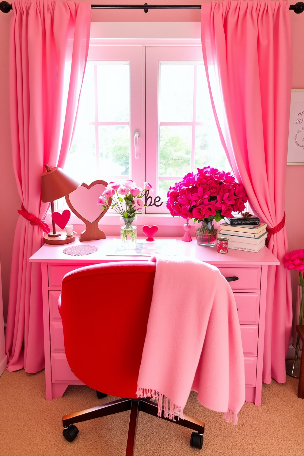 A cozy home office setting designed for productivity and inspiration. Themed notebooks in pastel colors are neatly arranged on a wooden desk alongside a stylish desk lamp and a potted plant. For Valentine's Day, the room is adorned with soft pink and red accents. Heart-shaped decorations hang from the walls, and a plush throw blanket drapes over the office chair, creating a warm and inviting atmosphere.