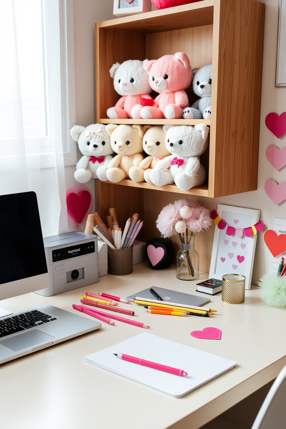 A cozy home office adorned with red and white fairy lights creating a warm and inviting atmosphere. The lights are draped elegantly across the walls and around the window, adding a festive touch for Valentine's Day.