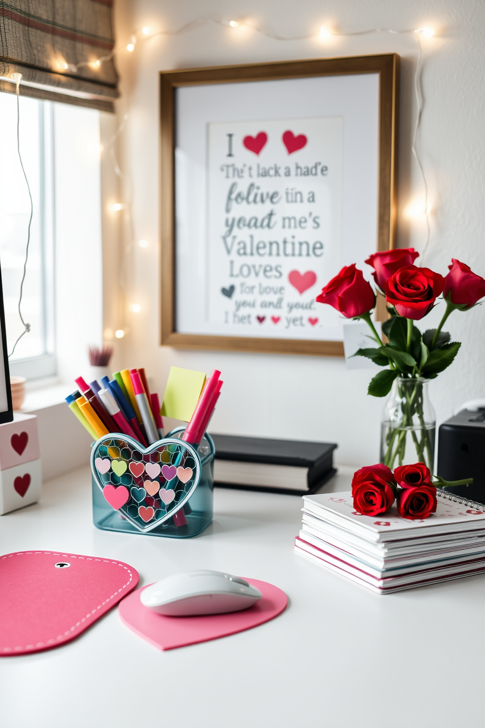 A charming home office setup adorned with Valentine themed desk accessories. The desk features a heart-shaped organizer filled with colorful pens and sticky notes alongside a pink desk lamp with a warm glow. A plush chair is draped with a soft red throw blanket, adding a cozy touch. Decorative elements include a small vase with fresh red roses and a framed love quote on the wall.