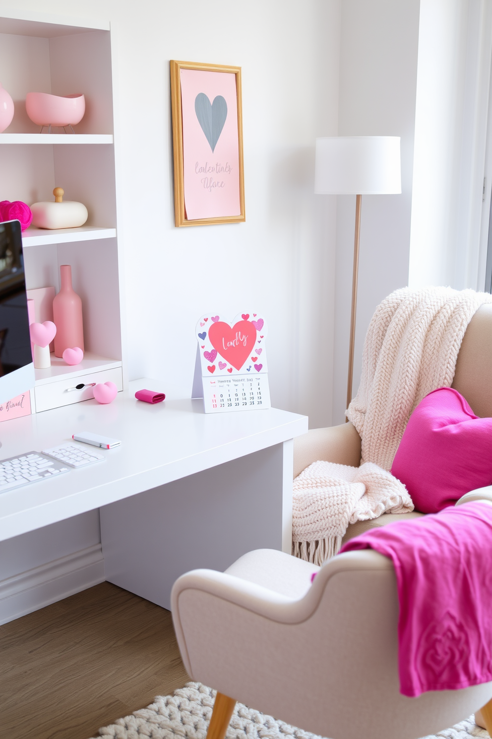 A cozy home office setting decorated for Valentine's Day. The desk features a heart-themed mouse pad with vibrant colors, surrounded by soft pink accents and a small bouquet of red roses in a vase. On the wall, there are framed love quotes and heart-shaped art pieces. A plush throw blanket drapes over the chair, adding warmth and charm to the workspace.