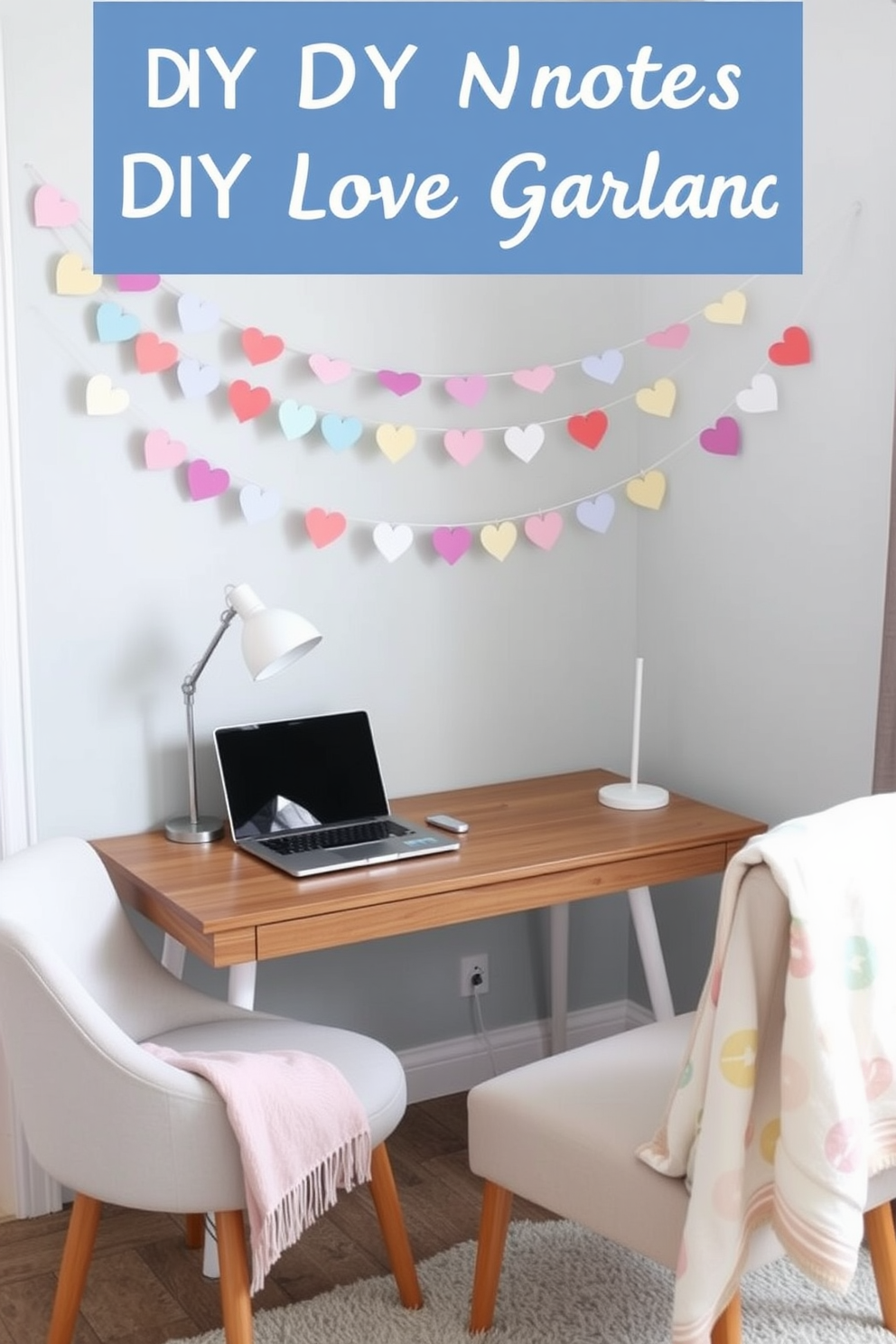 A cozy home office adorned with string lights shaped like hearts creates a warm and inviting atmosphere. The walls are painted in soft pastels, and a stylish desk sits in the corner, complemented by a comfortable chair and decorative accents.