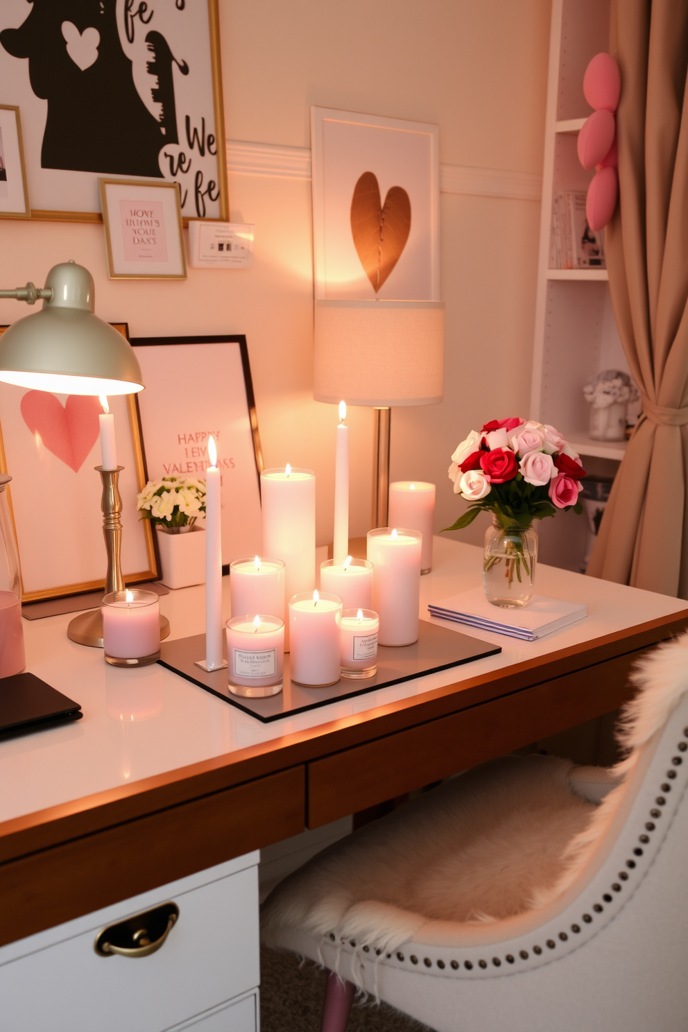 A cozy home office decorated for Valentine's Day features floral arrangements in pink vases that add a touch of romance to the space. The desk is adorned with heart-shaped accessories and soft lighting creates a warm and inviting atmosphere.