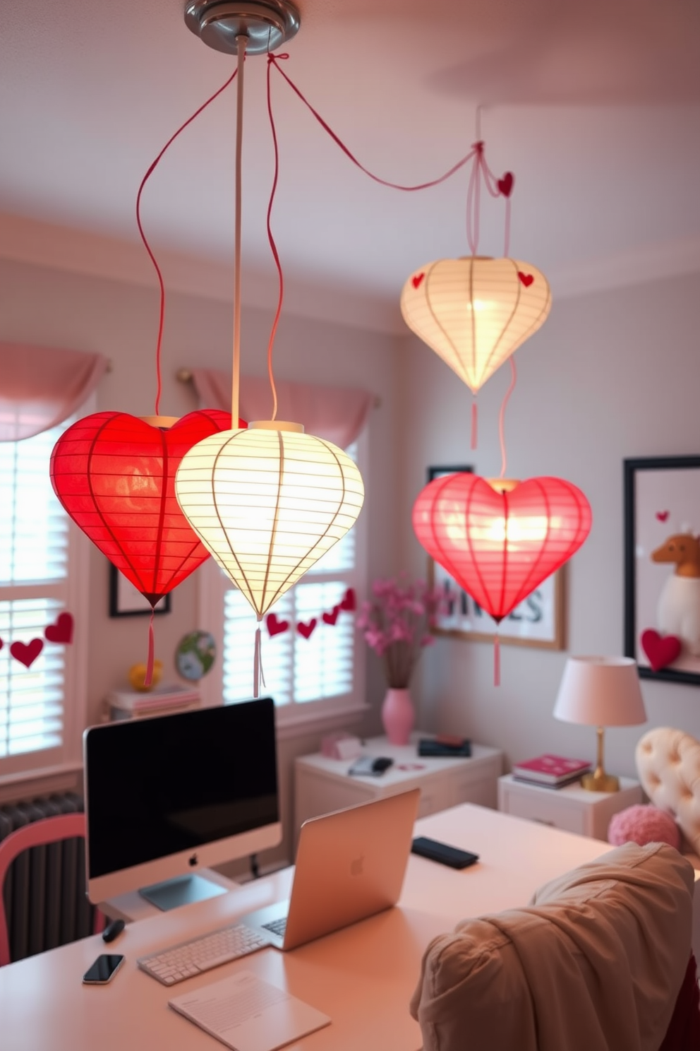 A charming DIY heart garland drapes gracefully across the windows, made from colorful paper hearts strung together with twine. The soft natural light filters through, creating a warm and inviting atmosphere perfect for a home office setting. Valentines Day decorations adorn the workspace, featuring a mix of romantic elements and personal touches. A cozy desk setup is complemented by heart-themed stationery and a cheerful floral arrangement, inspiring creativity and love.