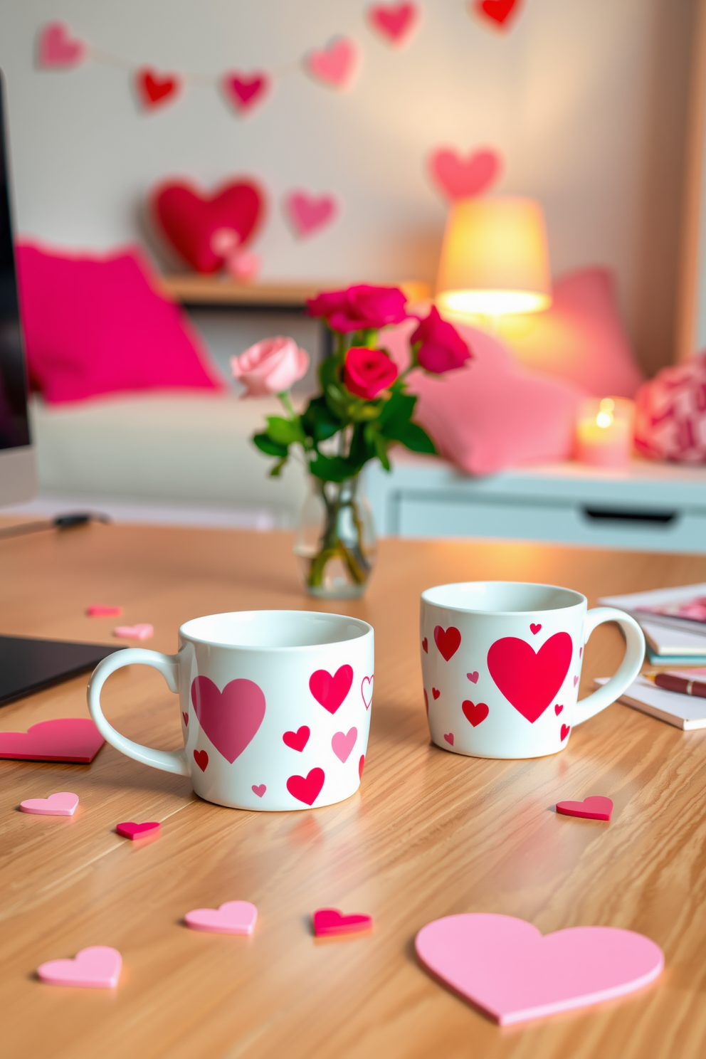 A vibrant home office decorated for Valentine's Day. The walls are adorned with colorful heart-shaped sticky notes in various sizes, creating a cheerful and inspiring atmosphere.