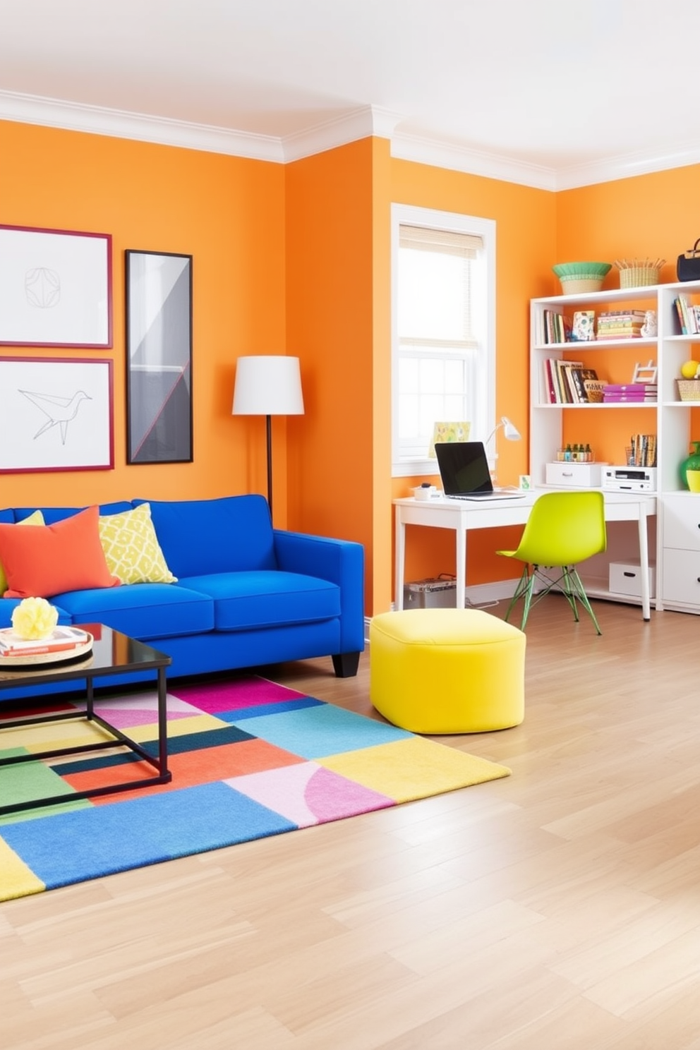 A vibrant home office and playroom combo filled with bright color accents to create a playful energy. The workspace features a sleek desk in a bold blue hue paired with a yellow ergonomic chair, while the play area showcases a colorful rug and playful wall art.