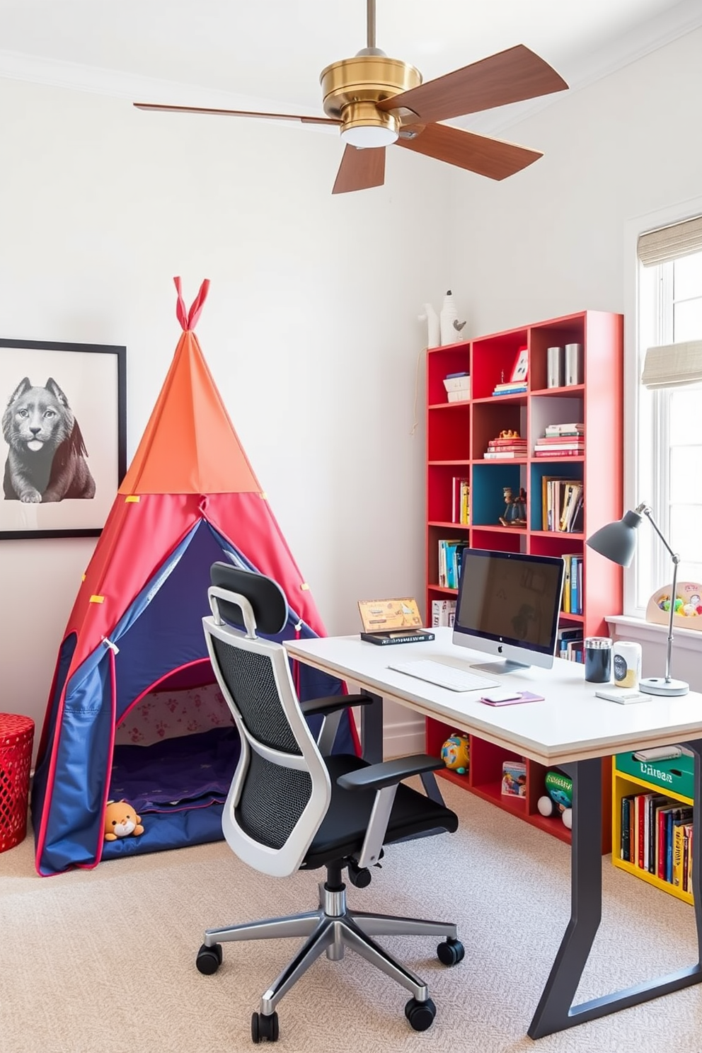 A stylish home office and playroom combination features a cozy area rug that delineates the workspace from the play area. The office section includes a sleek desk with a comfortable chair, while the playroom is adorned with colorful cushions and toys scattered on a soft, playful rug. Large windows allow natural light to flood the space, creating an inviting atmosphere for both work and play. The walls are painted in a soft neutral tone, complemented by vibrant artwork that adds a cheerful touch to the overall design.