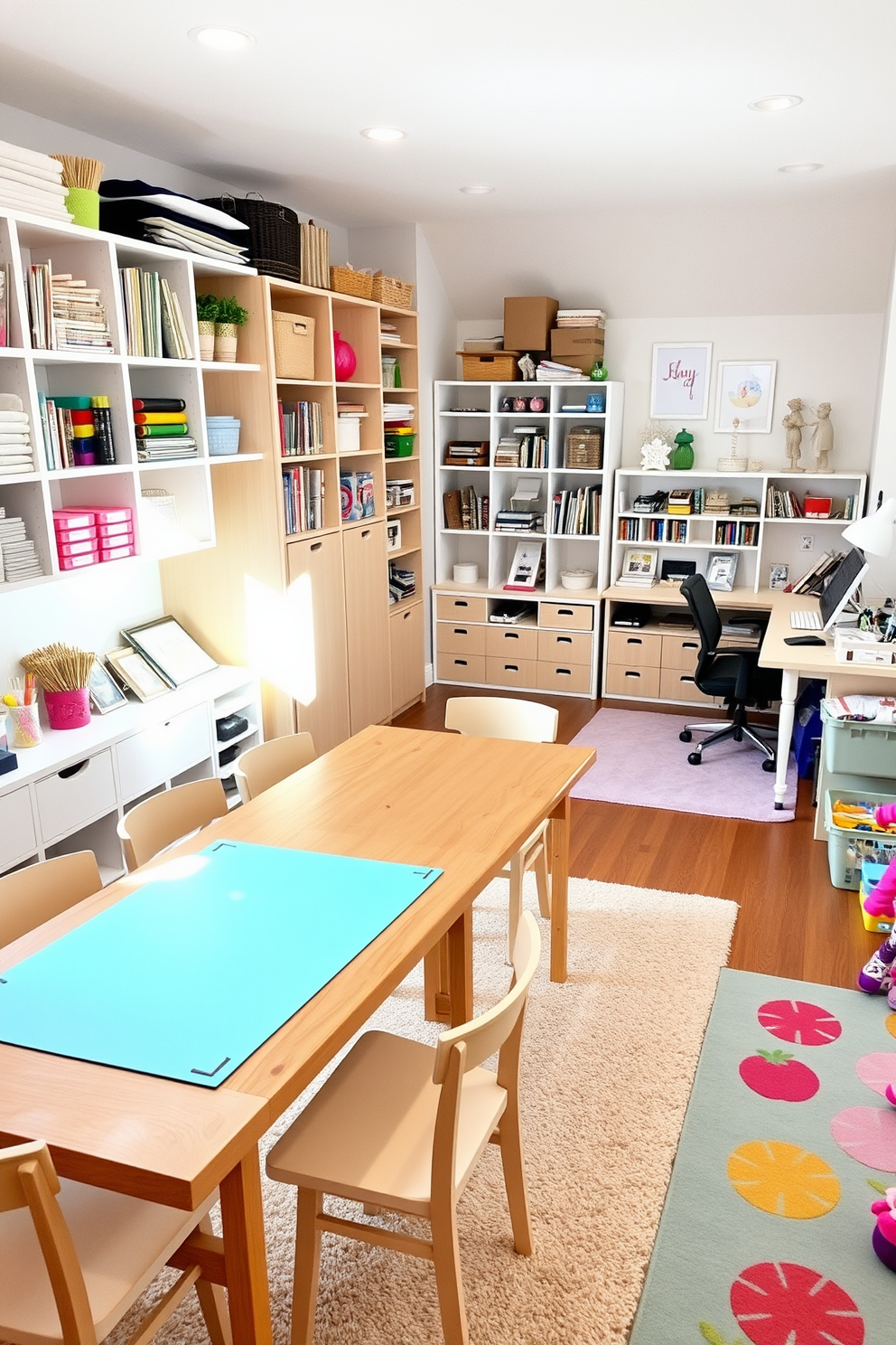 A bright and airy home office and playroom combo that maximizes natural light for enhanced productivity. Large windows allow sunlight to flood the space, illuminating a sleek desk with a modern chair and colorful storage solutions for toys and books. The walls are painted in soft, neutral tones to create a calming atmosphere, while playful accents in the decor add a touch of whimsy. A cozy reading nook with a comfortable chair and a small bookshelf invites relaxation, balancing work and play seamlessly.