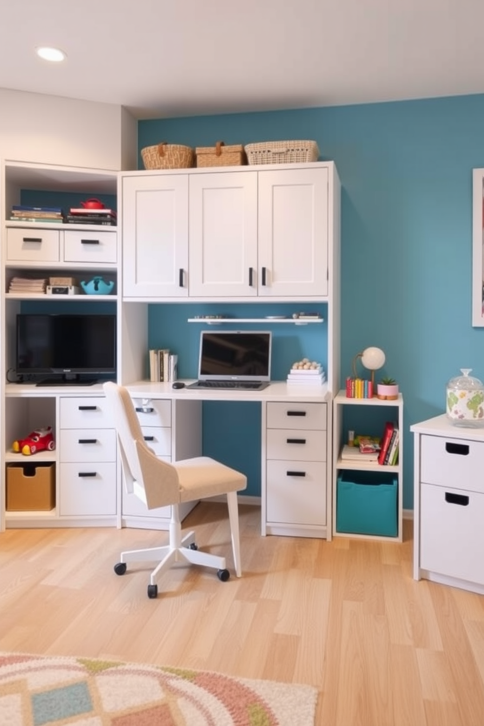 A vibrant home office and playroom combo that seamlessly blends productivity and playfulness. The space features a sleek wooden desk positioned near a large window, adorned with potted plants that bring a fresh vibe to the environment. Brightly colored shelving units line the walls, filled with books and toys, creating an inviting atmosphere. A cozy reading nook with a plush rug and bean bags sits in one corner, encouraging creativity and relaxation.