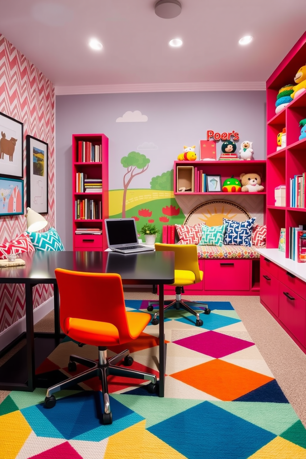 Color-coded storage bins are neatly arranged along the walls, providing a vibrant and organized solution for toys and office supplies. A large desk sits in the center, flanked by a comfortable chair and a playful rug that adds warmth to the space. The playroom area features a cozy reading nook with colorful cushions and shelves filled with books and games. Bright artwork adorns the walls, creating an inspiring environment that seamlessly blends work and play.