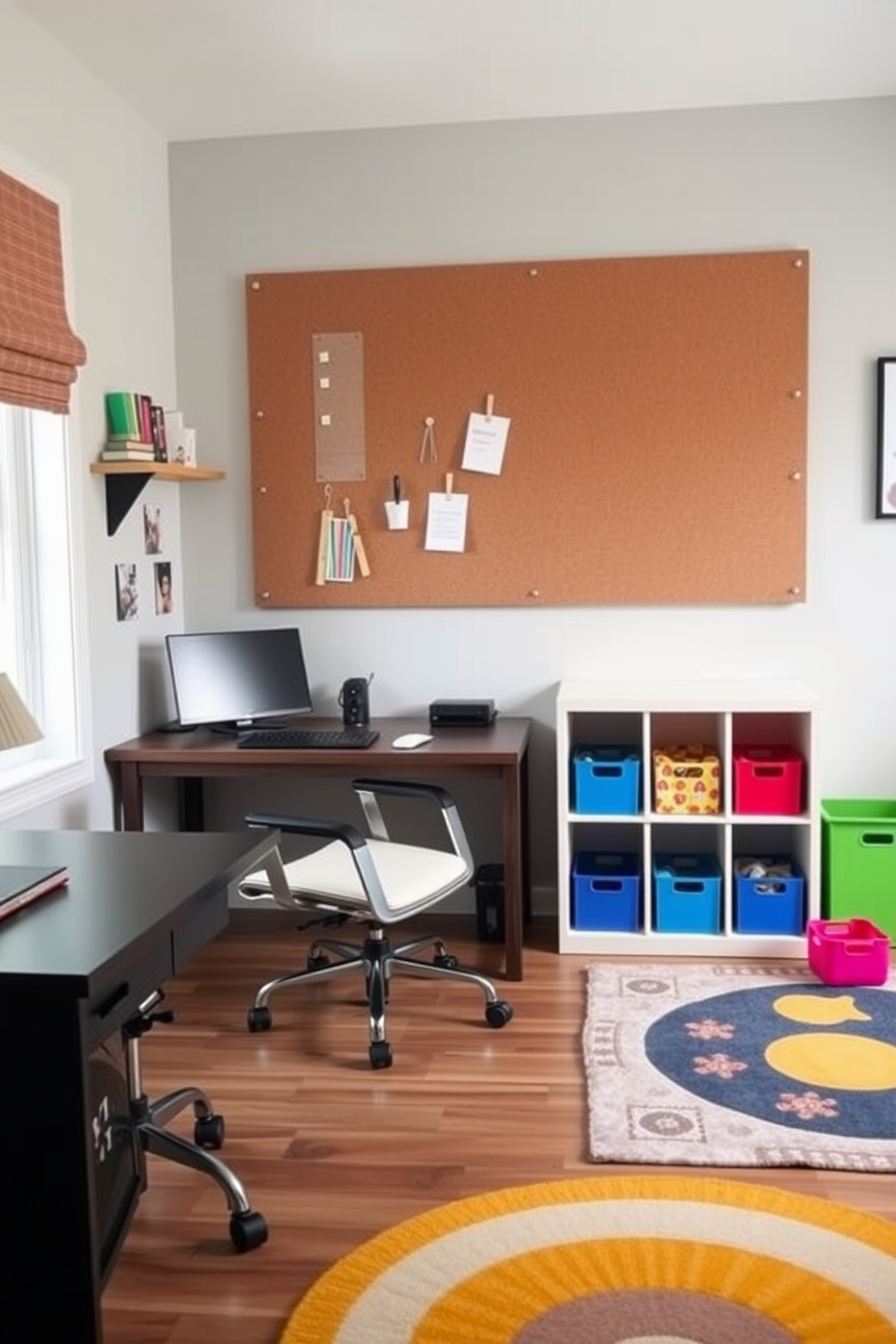 A stylish home office and playroom combo featuring wall-mounted shelves to save floor space. The shelves are filled with colorful books and decorative items, creating an inviting atmosphere for both work and play. The workspace includes a sleek desk with a comfortable ergonomic chair, positioned near a large window for natural light. A cozy reading nook with a plush bean bag is nestled in the corner, providing a perfect spot for relaxation and creativity.