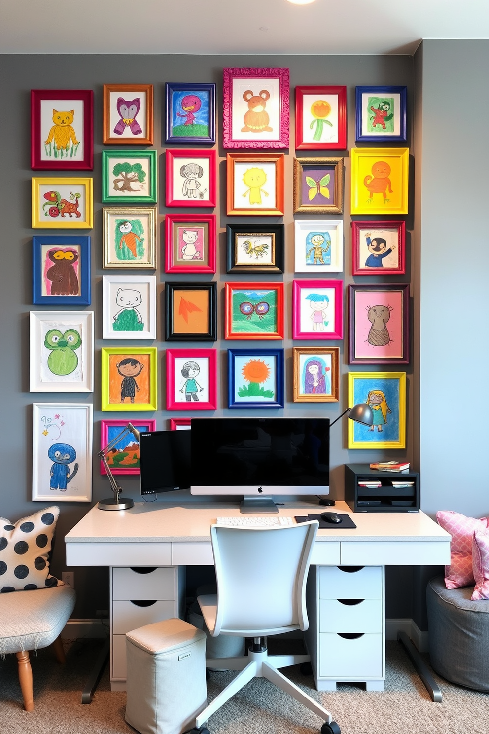 A versatile home office and playroom combo featuring a foldable desk that seamlessly transitions between work and play. The space includes bright, colorful accents with playful decor, while the desk is positioned near a window to maximize natural light.