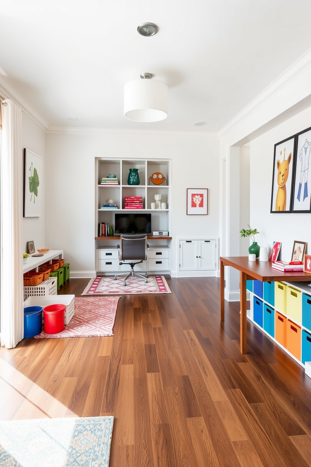 A cozy home office and playroom combo featuring a small play kitchen area. The play kitchen is painted in cheerful colors with a mini fridge and a stove, while the office space includes a sleek desk and ergonomic chair positioned near a window for natural light. Brightly colored shelves are filled with toys and books, creating an inviting atmosphere for children. The flooring is soft and durable, providing a safe play area while complementing the modern design of the office.