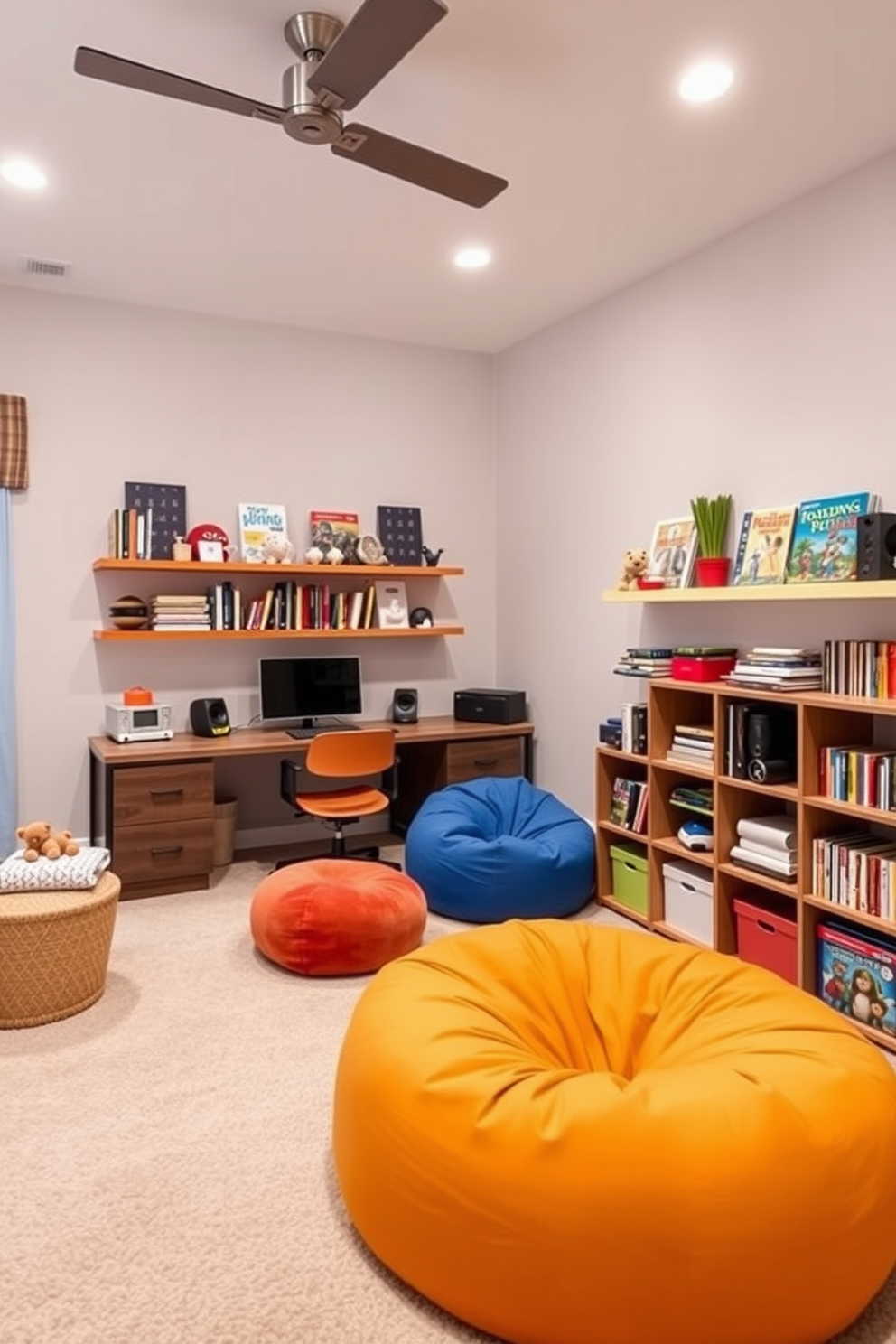 Bright lighting fixtures enhance the ambiance of a home office and playroom combo, creating a cheerful and inviting atmosphere. The space features a large desk with a modern lamp, surrounded by playful art and colorful decor that inspires creativity. The playroom area includes vibrant wall colors and comfortable seating options, encouraging relaxation and play. Large windows allow natural light to flood the room, complemented by stylish pendant lights that add a touch of elegance.