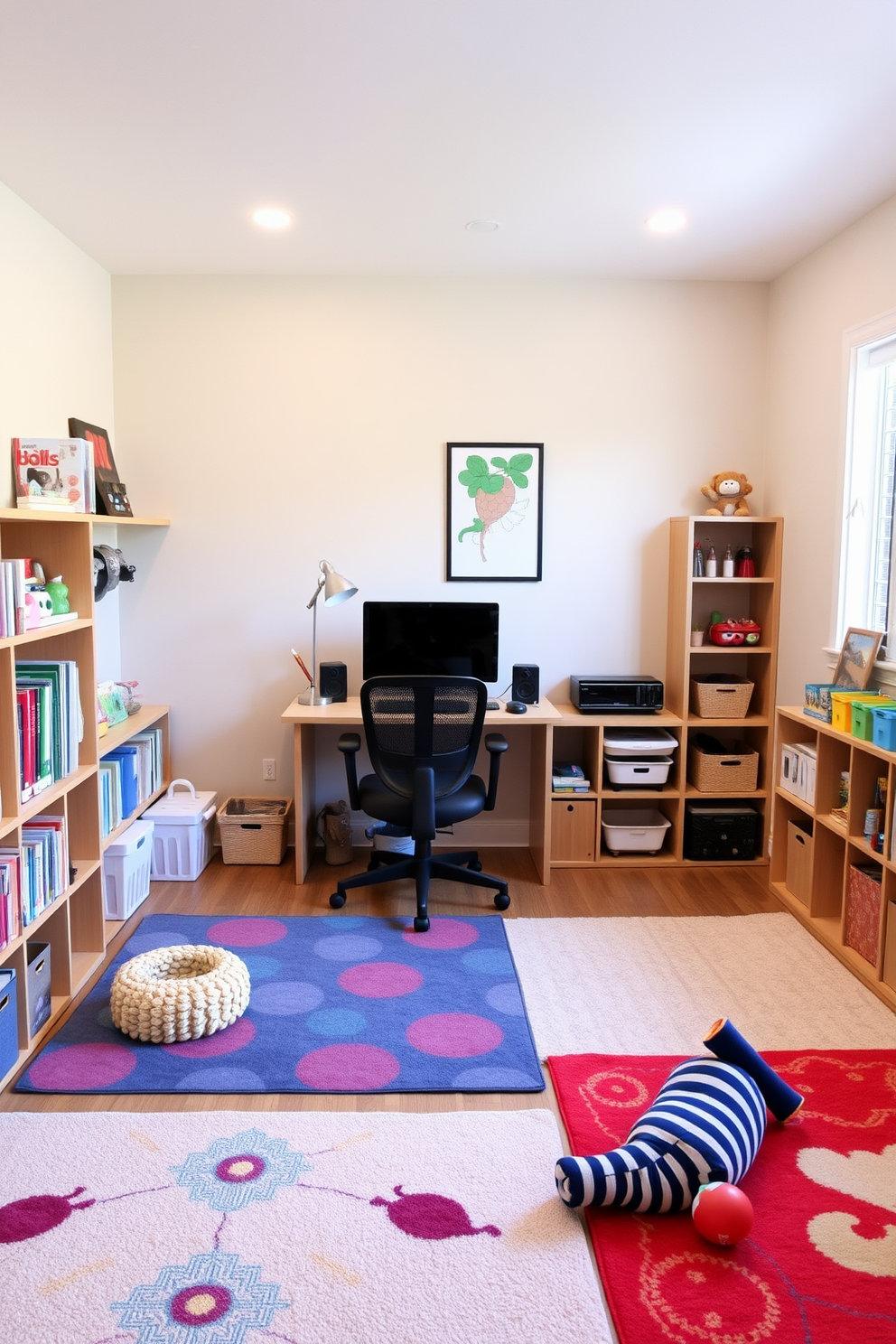 A versatile home office and playroom combination features a stylish workspace with a sleek desk and ergonomic chair positioned against a light-colored wall. Soft, flowing curtains in a cheerful pattern are used to divide the space, allowing for privacy during work hours while maintaining an inviting atmosphere for play. The play area is filled with colorful storage solutions for toys and books, creating a fun and organized environment. Natural light floods the room through large windows, enhancing the cheerful ambiance and making it a perfect spot for both productivity and creativity.