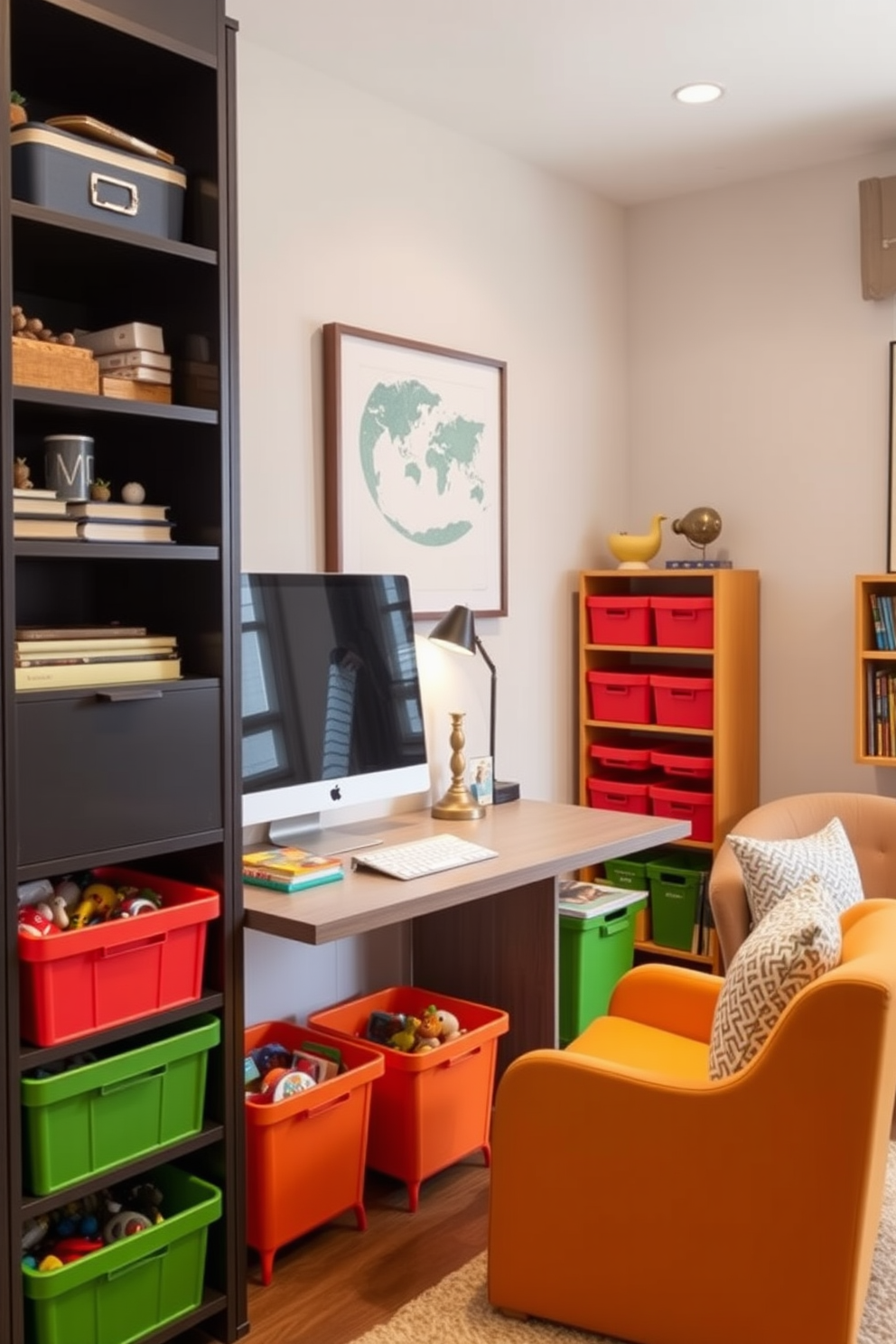 A stylish home office and playroom combo featuring multifunctional furniture that maximizes space efficiency. The room includes a sleek desk that doubles as a craft table, with built-in storage for toys and office supplies. Brightly colored shelves line the walls, displaying books and playful decor, while a cozy reading nook with a foldable chair invites relaxation. A large area rug defines the play zone, creating a warm and inviting atmosphere for both work and play.