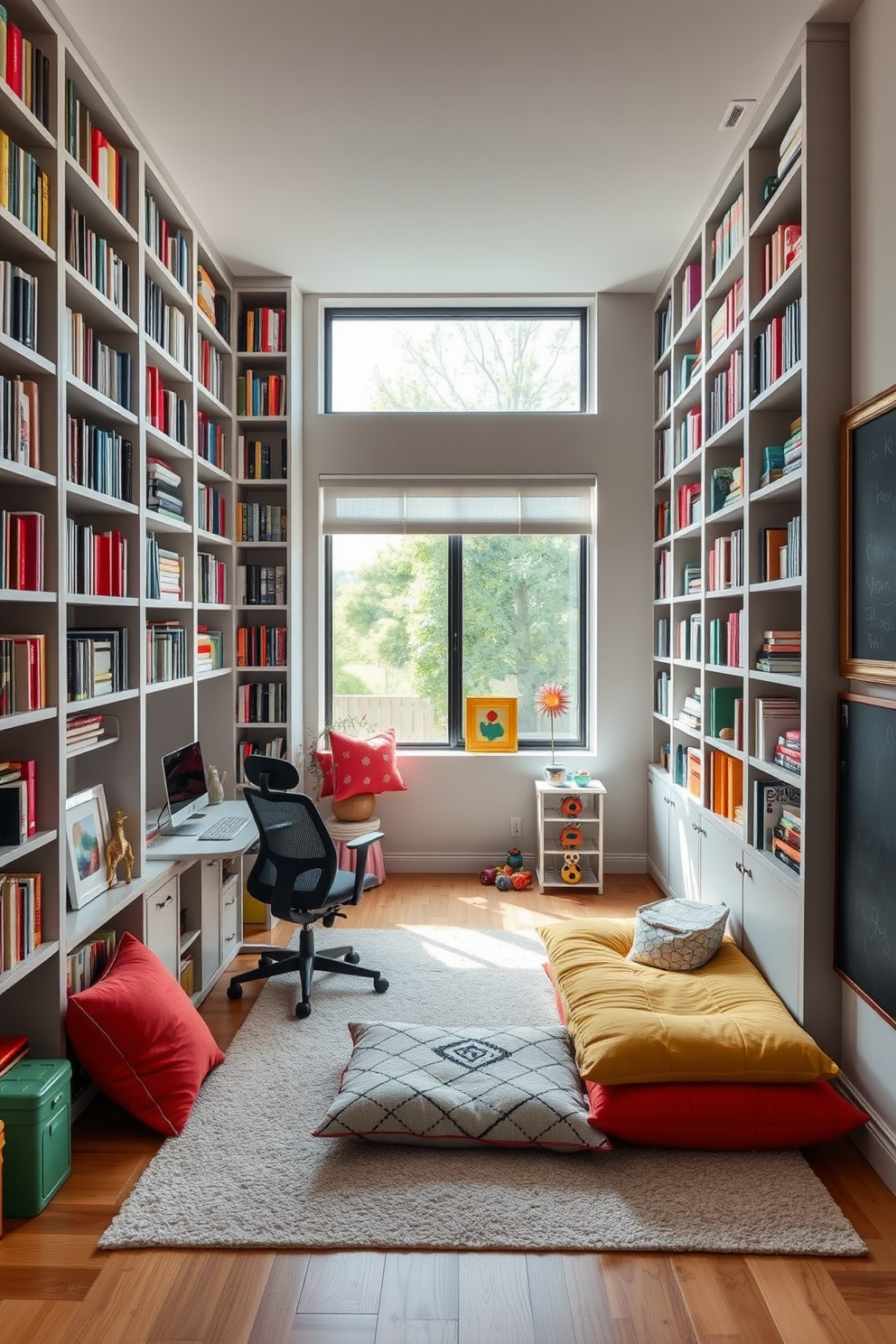 A stylish home office that seamlessly integrates a play area for children. The workspace features a sleek desk with a comfortable ergonomic chair, while adjacent to it is a cozy play tent filled with colorful cushions and toys. The walls are painted in soft pastel tones to create a calming atmosphere. Natural light floods the room through large windows, enhancing the inviting environment for both work and play.