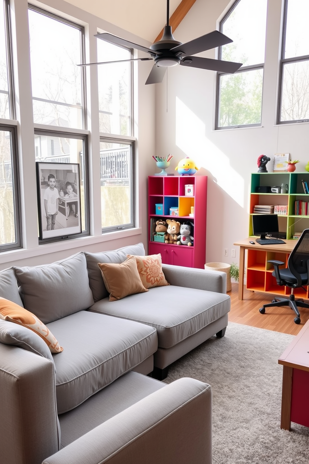 A cozy home office and playroom combo featuring a small wooden table dedicated to crafts. The table is surrounded by colorful chairs, with shelves filled with art supplies and toys organized neatly on the walls. Natural light floods the space through a large window, enhancing the inviting atmosphere. A comfortable desk with a stylish lamp sits adjacent to the craft table, creating a harmonious blend of productivity and creativity.