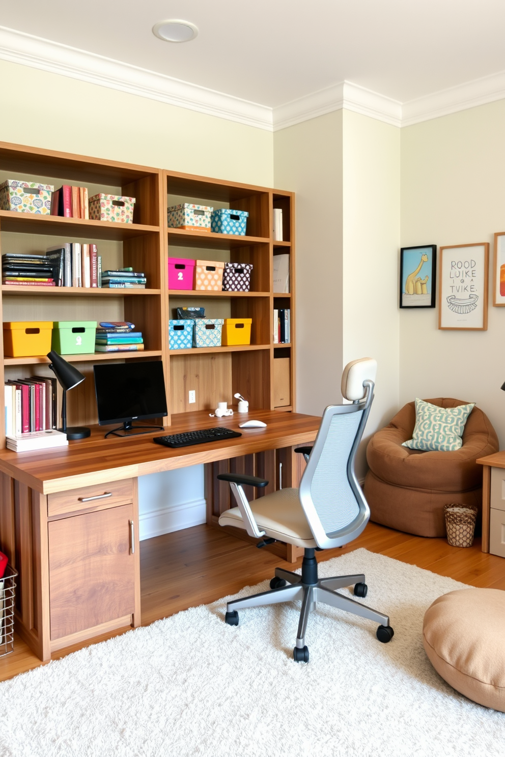 A cozy reading nook is created with a plush armchair positioned next to a large window that allows natural light to flood the space. A small side table holds a stack of books and a warm cup of tea, inviting relaxation and focus. The home office area features a sleek desk with ample storage, paired with an ergonomic chair for productivity. Brightly colored shelves display toys and books, seamlessly blending work and play in a harmonious environment.