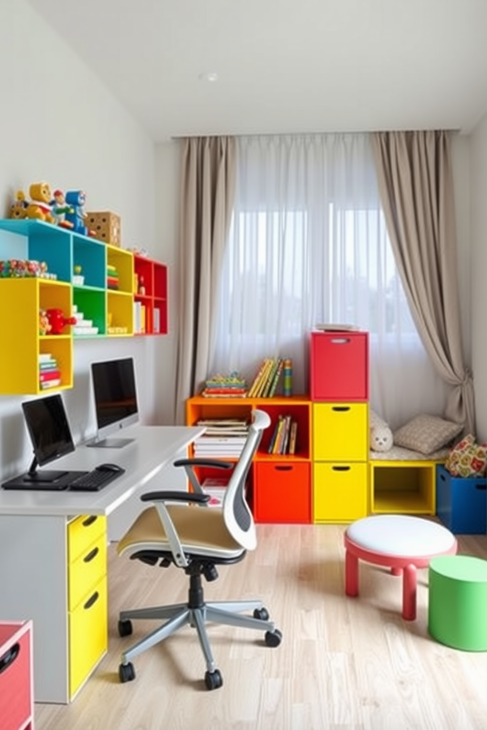 A versatile home office and playroom combo that seamlessly blends productivity and playfulness. The space features a stylish desk with ample storage, surrounded by colorful shelving filled with books and toys. In one corner, a cozy reading nook with a plush bean bag chair invites relaxation, while the opposite side showcases a small stage with curtains for performances. Bright, cheerful colors adorn the walls, creating an inspiring atmosphere for both work and creativity.