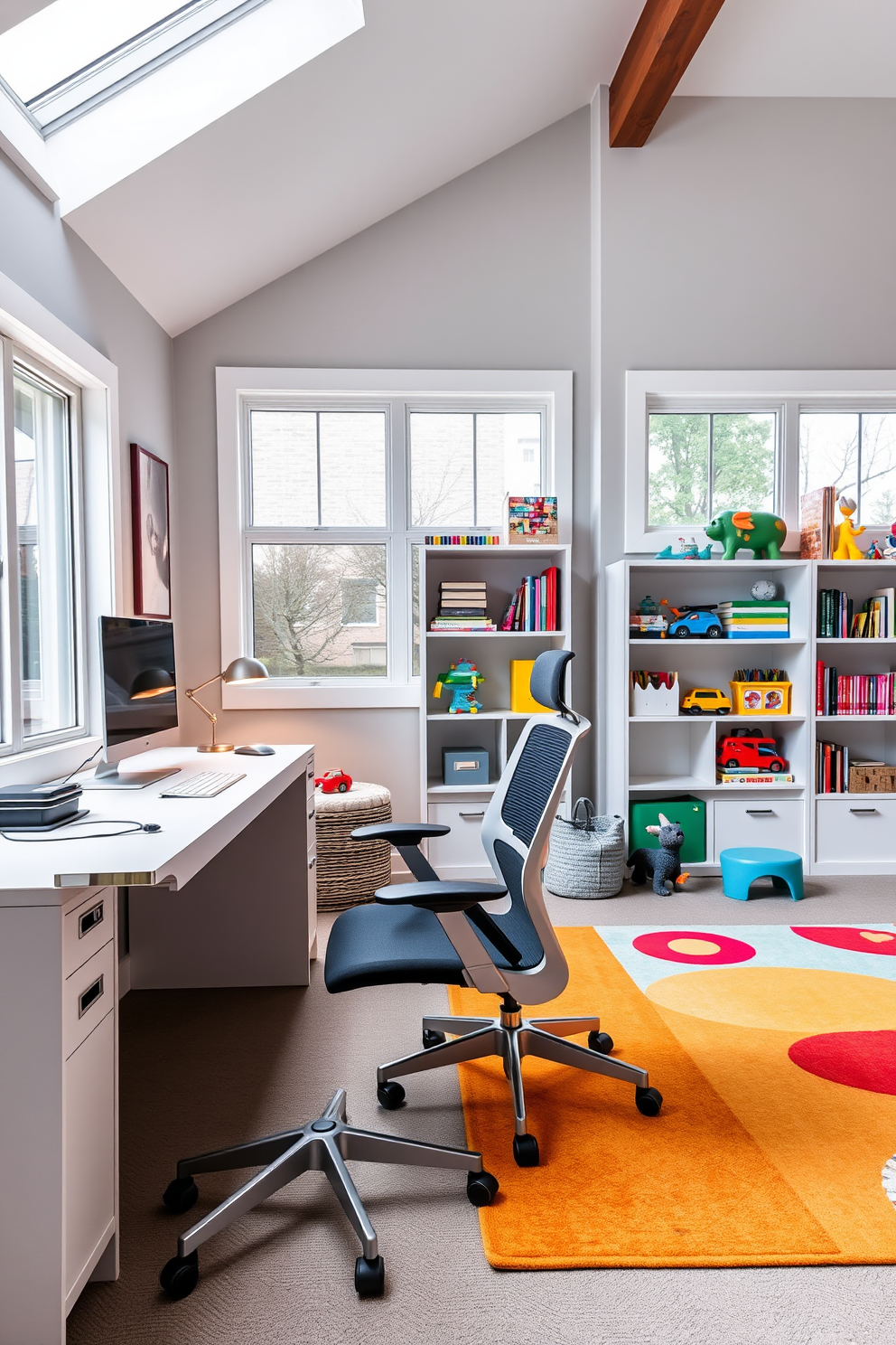 A modern home office and playroom combination features a stylish pegboard wall for easy organization of supplies and toys. The workspace includes a sleek desk with a comfortable ergonomic chair, while the play area is filled with colorful storage bins and a soft rug for playtime.