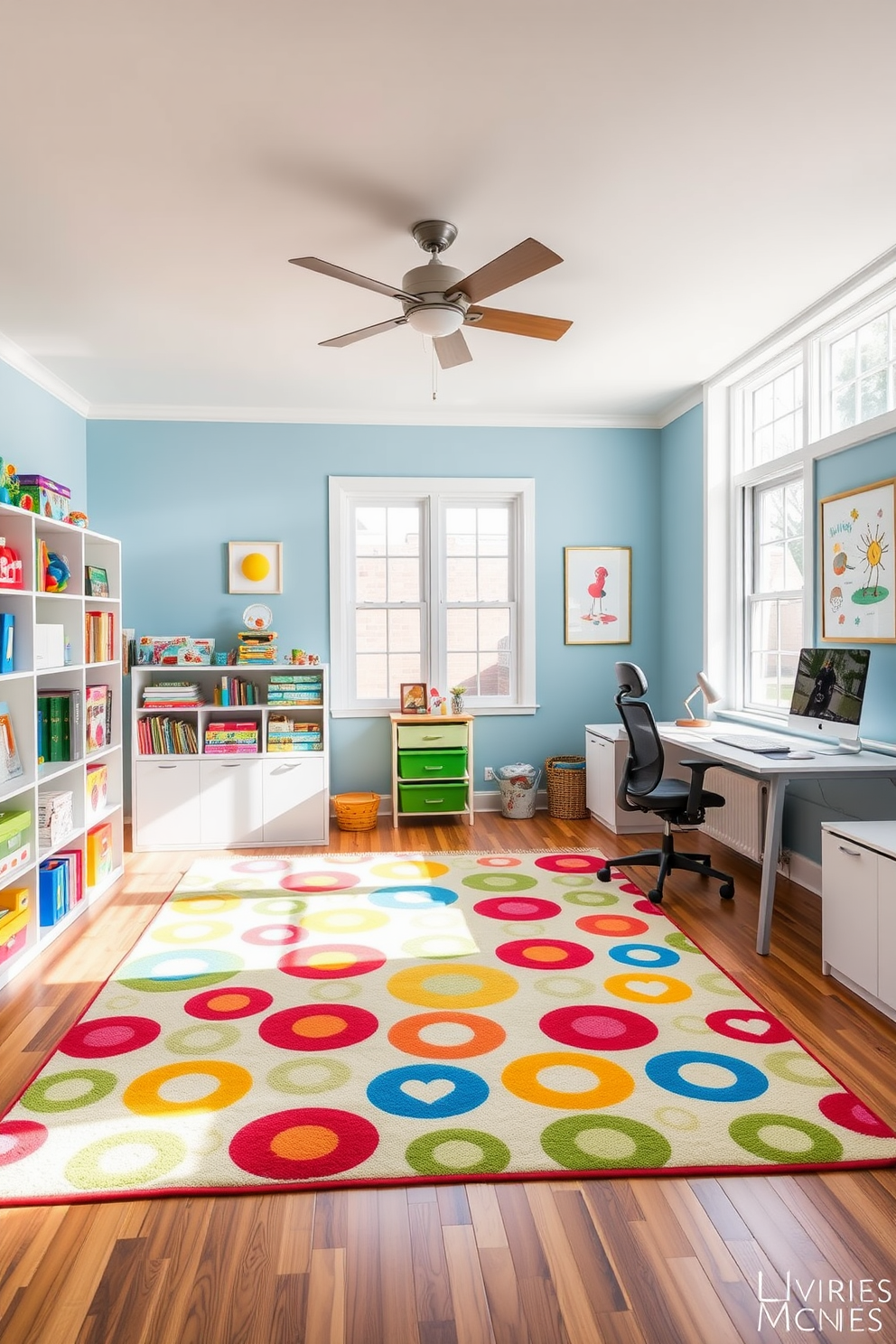 A vibrant home office and playroom combo filled with playful patterns in textiles and decor. The workspace features a bright desk with a whimsical chair, surrounded by colorful bookshelves and playful wall art. In the play area, a cozy rug with fun shapes anchors the space, while bean bags and a small table invite creativity. Cheerful curtains adorned with lively prints frame the windows, creating an inspiring environment for work and play.