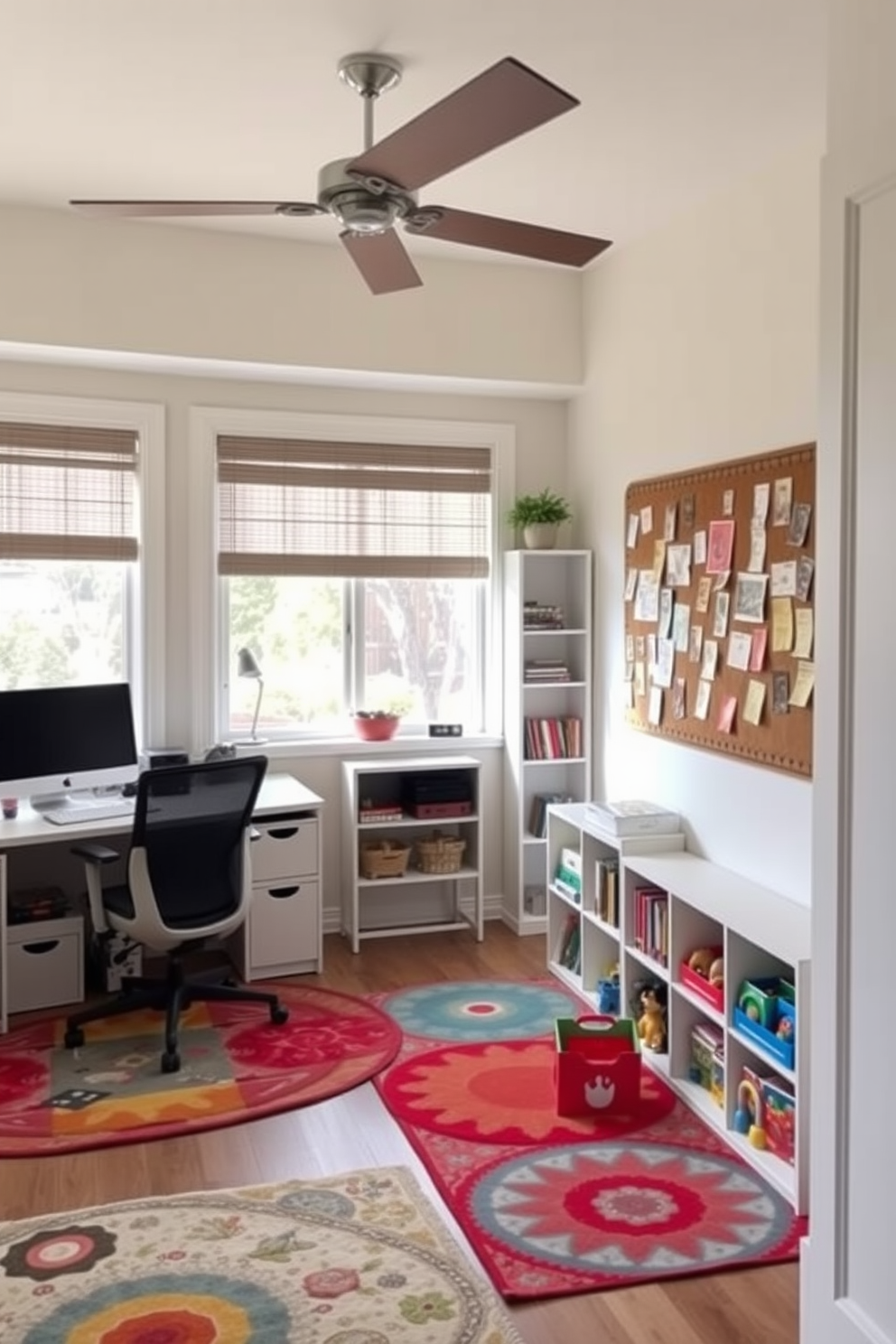 A stylish home office and playroom combo designed for functionality and fun. The space features a sleek desk with a comfortable ergonomic chair, surrounded by shelves filled with books and toys. To one side, a mini gym area is incorporated with a compact treadmill and yoga mat. Bright, cheerful colors adorn the walls, while large windows allow natural light to flood the room, creating an inviting atmosphere for work and play.